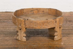 Indian 1920s Teak Chakki Grinding Table with Hand-Carved Geometric Décor
