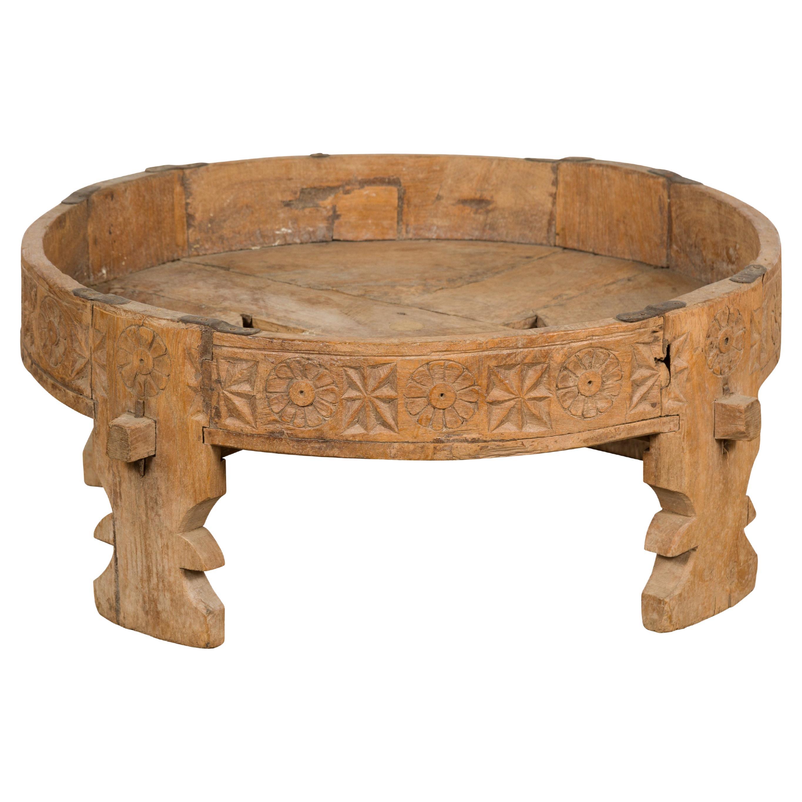 Indian 1920s Teak Chakki Grinding Table with Hand-Carved Geometric Décor For Sale