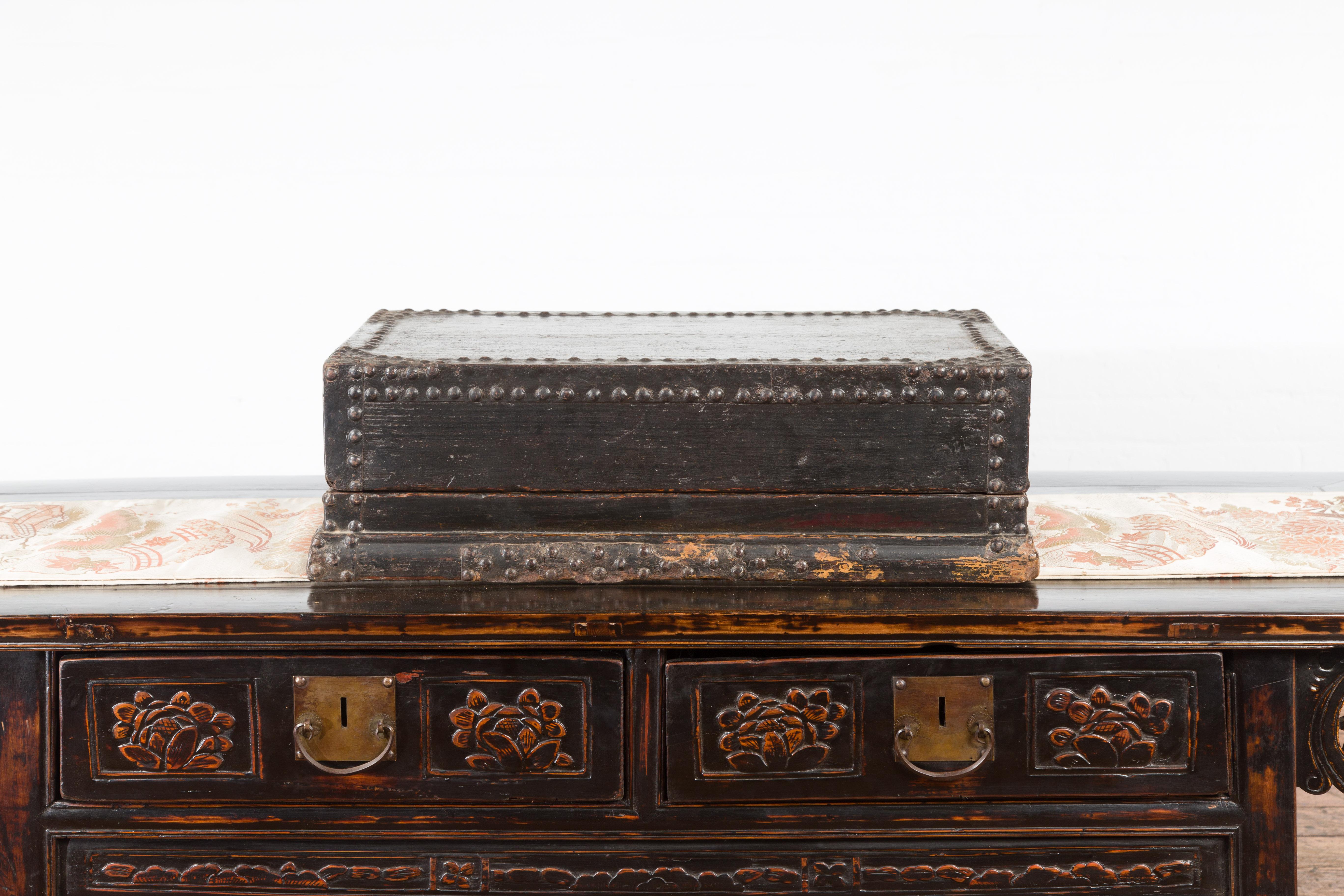 Indian 19th Century Black Box with Iron Nailheads, Braces and Rustic Patina In Good Condition For Sale In Yonkers, NY