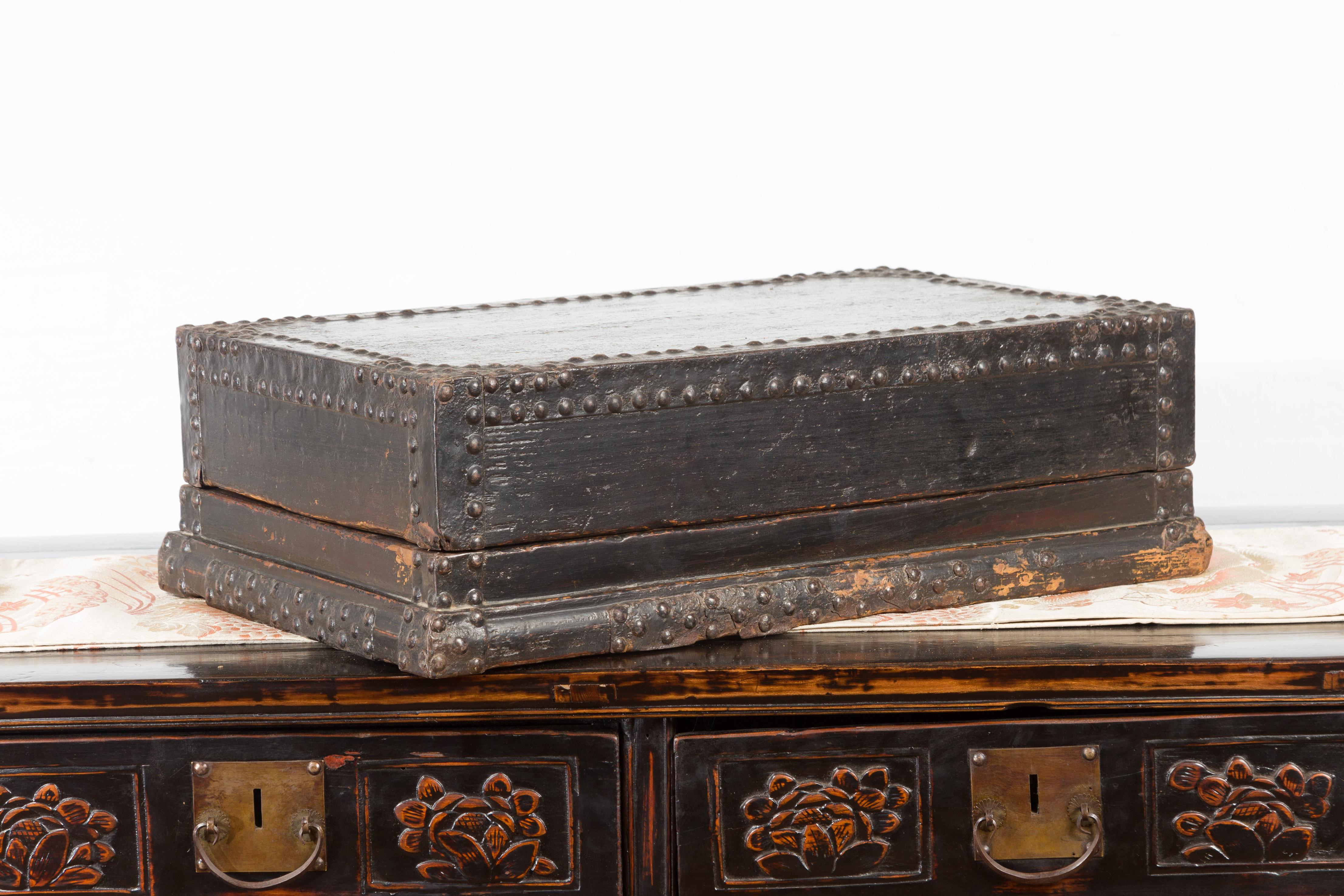 Indian 19th Century Black Box with Iron Nailheads, Braces and Rustic Patina For Sale 5