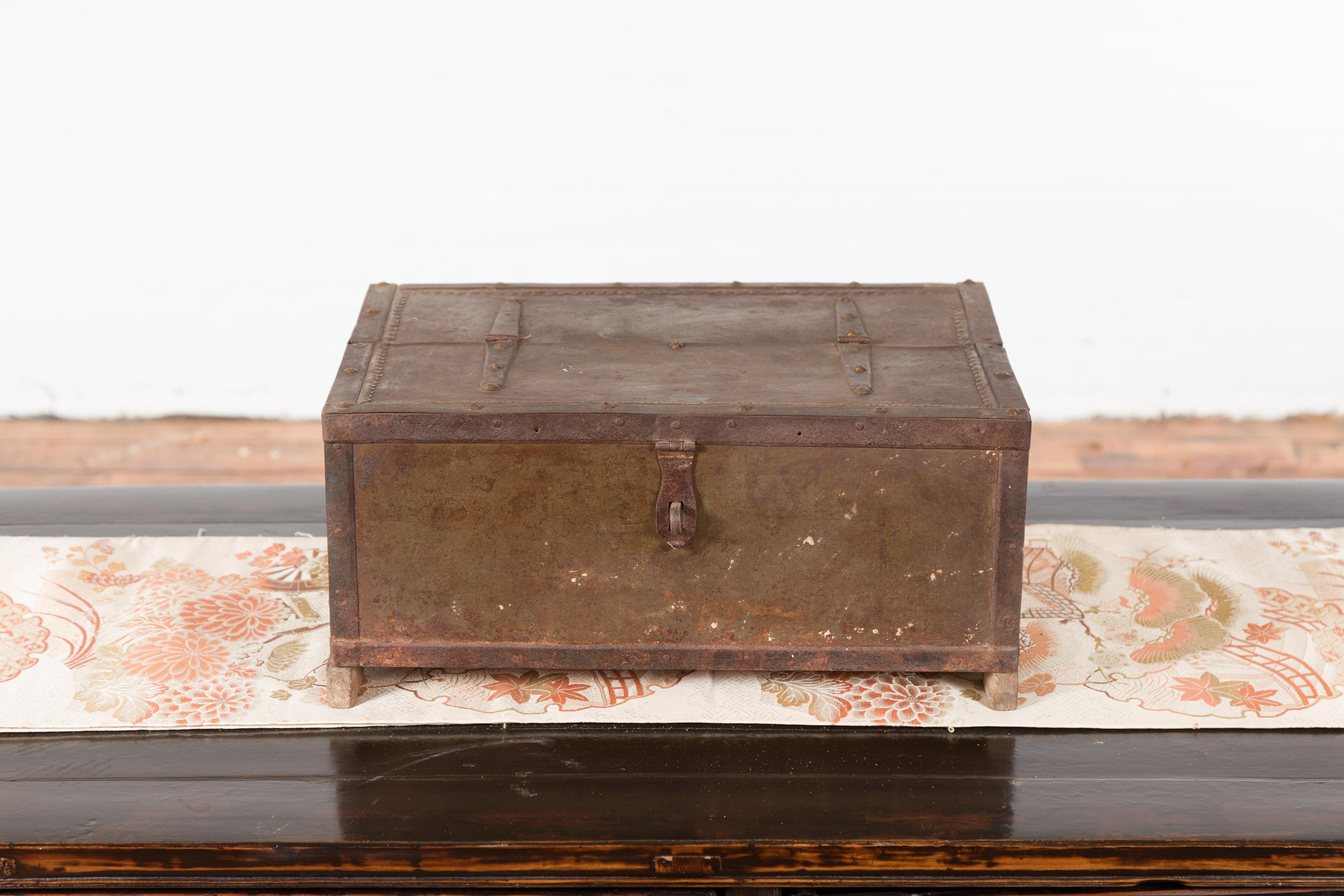 Indian 19th Century Box with Metal Sheathing and Bracketed Wooden Base For Sale 1