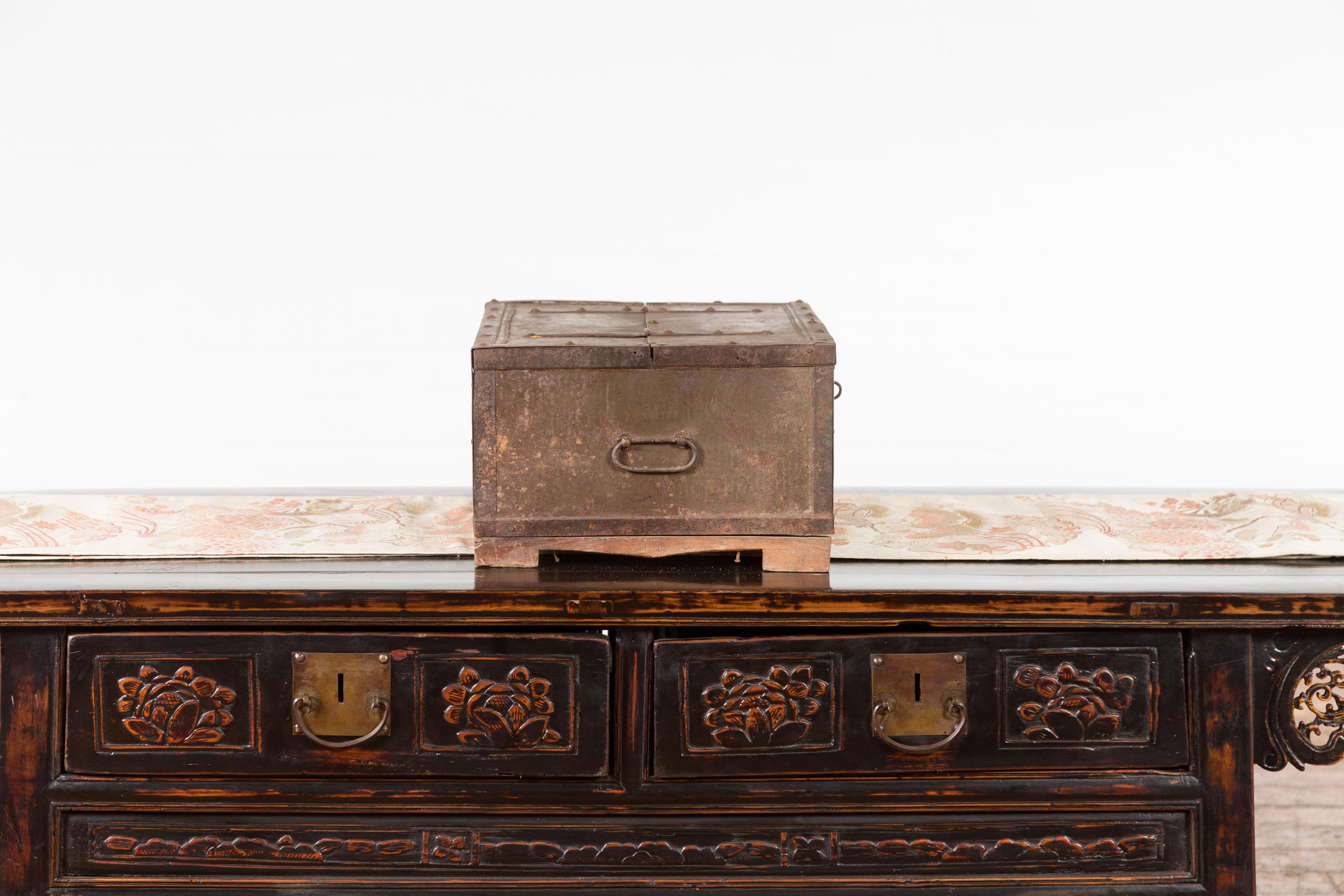 Indian 19th Century Box with Metal Sheathing and Bracketed Wooden Base For Sale 4