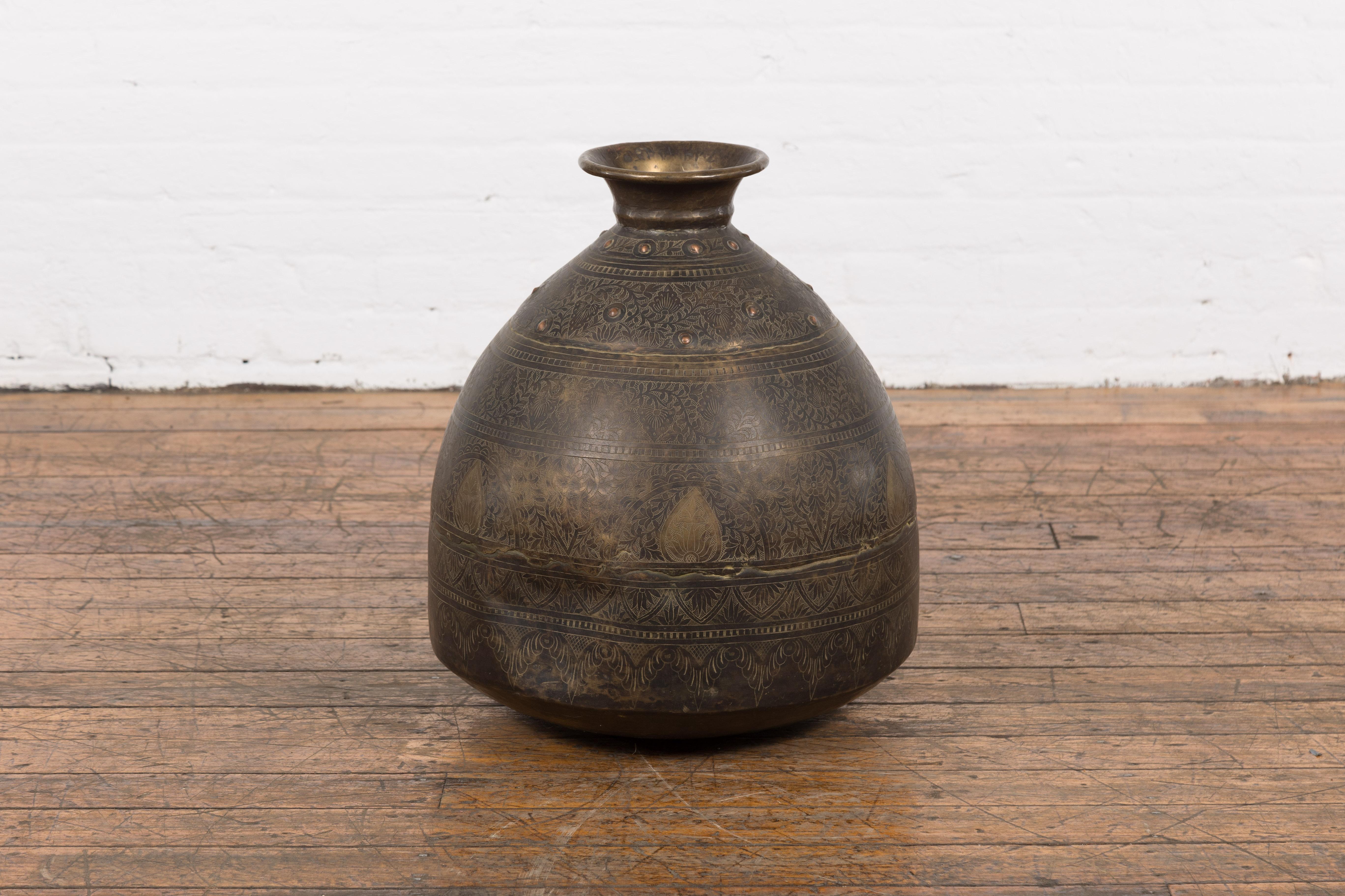 Indian 19th Century Brass Vessel with Abundant Etched Foliage Décor  For Sale 8