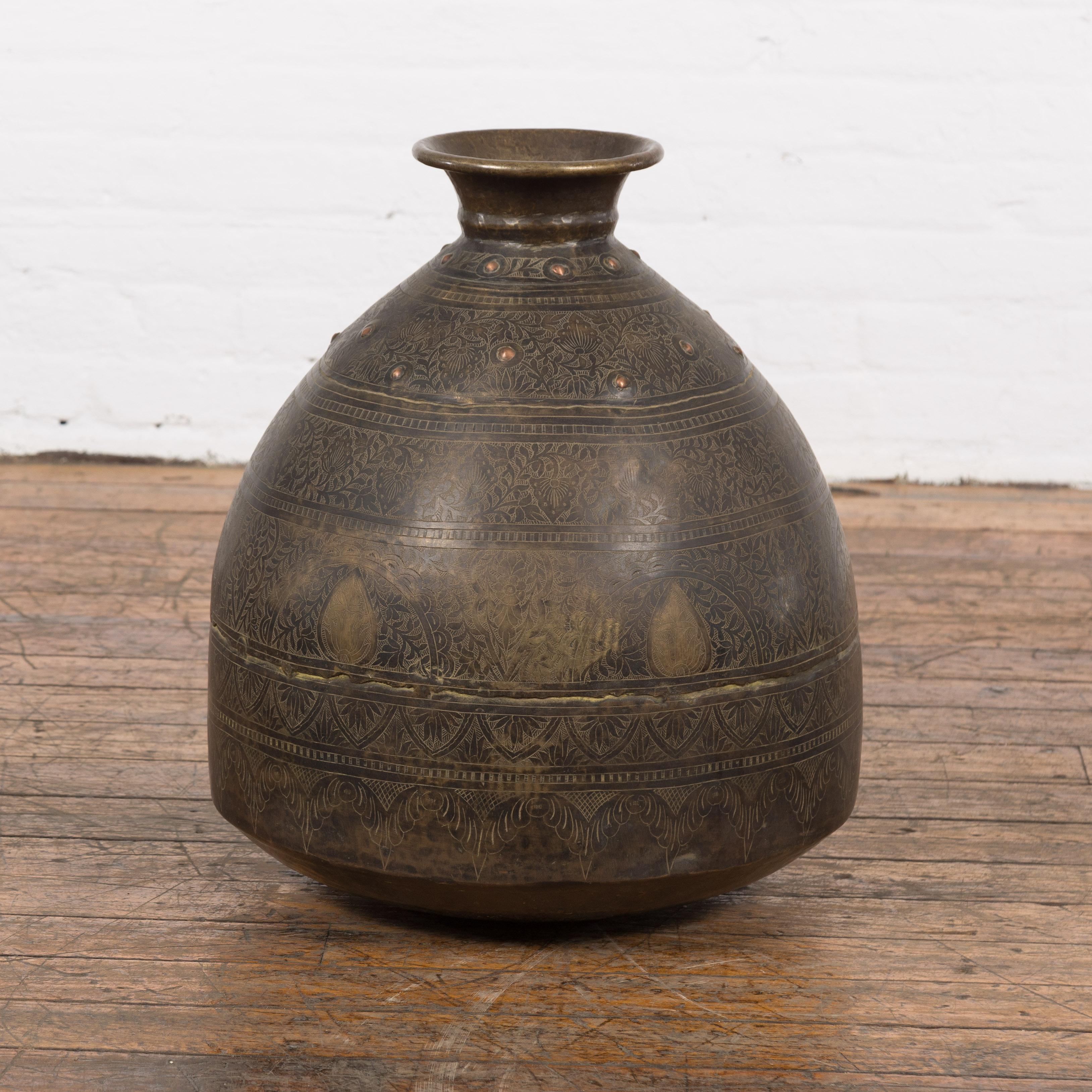 Indian 19th Century Brass Vessel with Abundant Etched Foliage Décor  For Sale 10