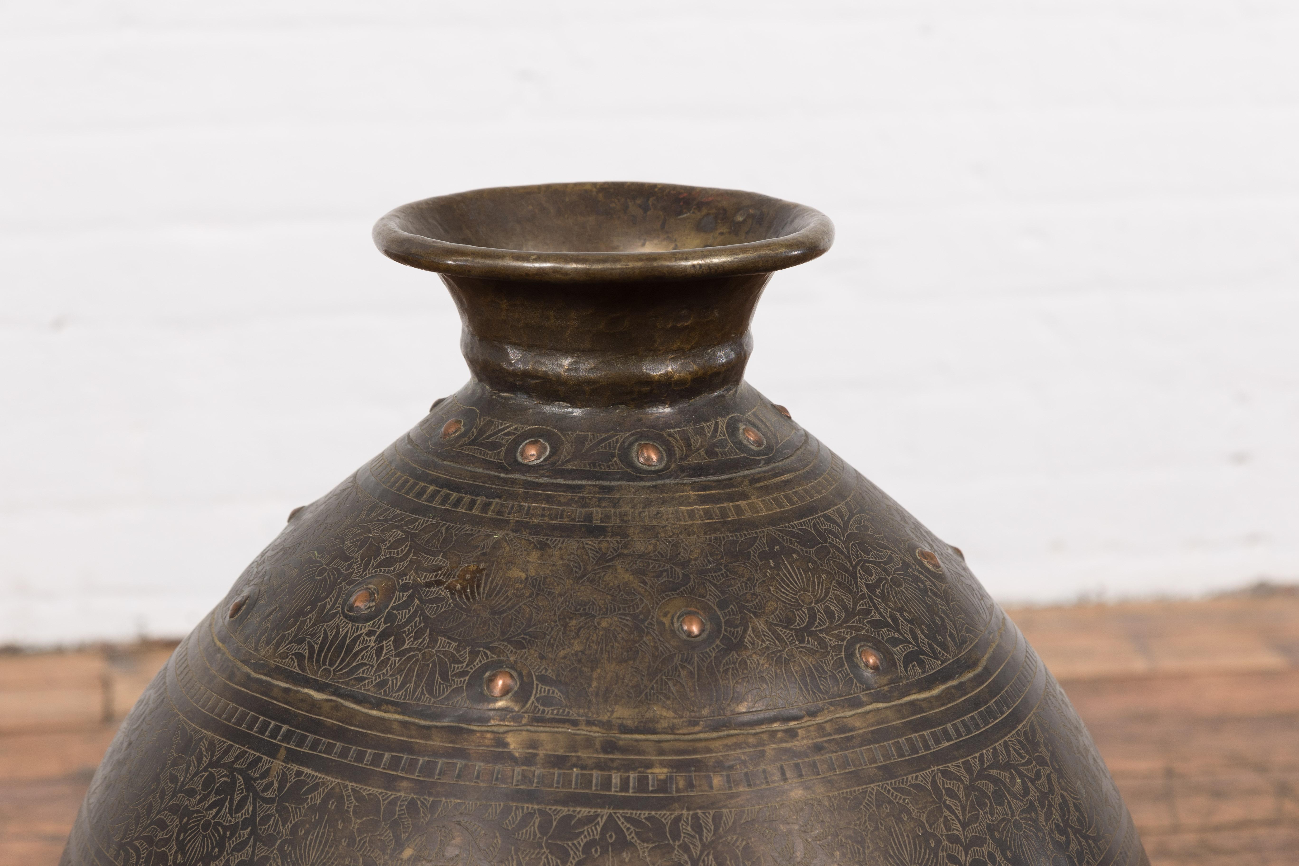 Indian 19th Century Brass Vessel with Abundant Etched Foliage Décor  For Sale 1