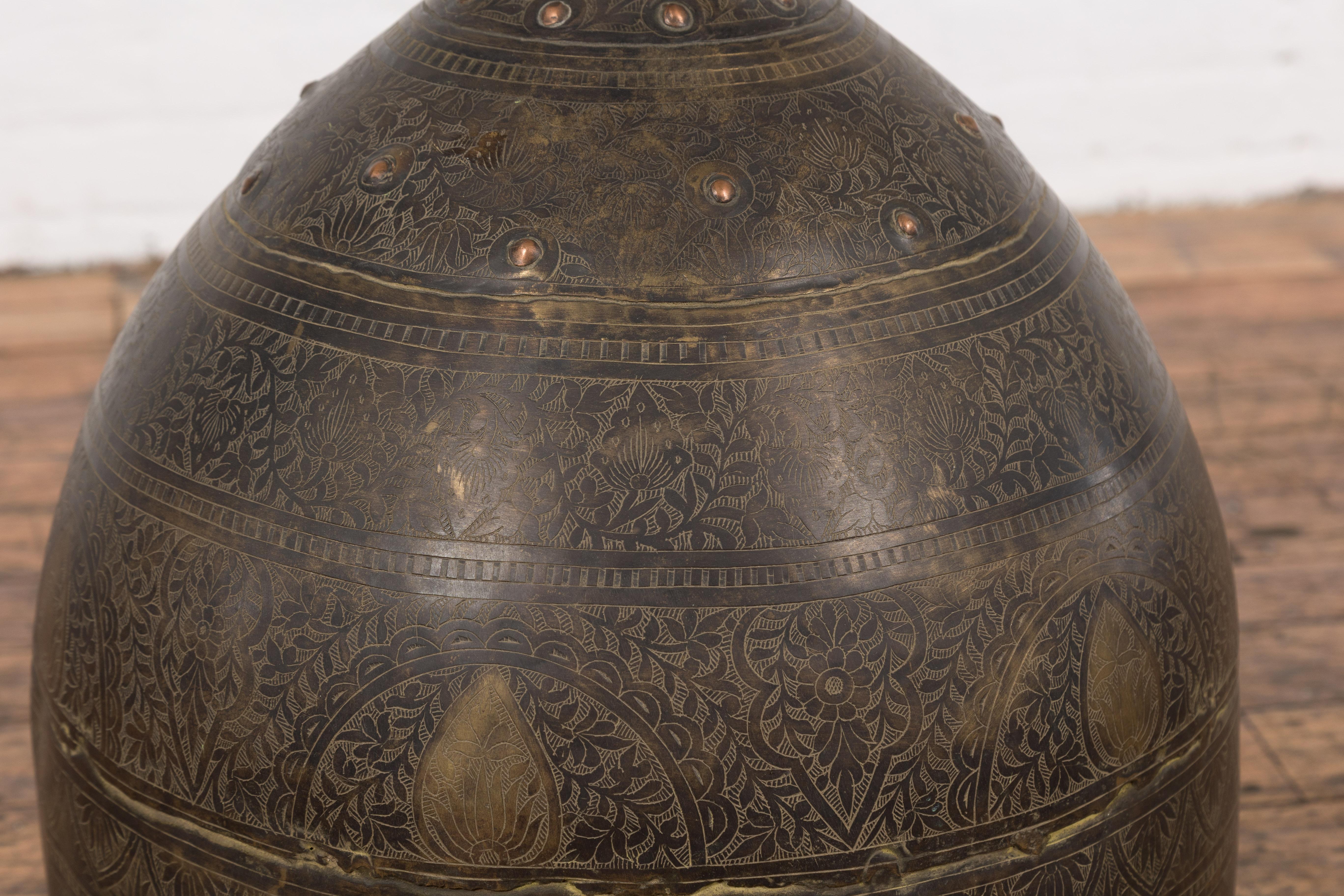 Indian 19th Century Brass Vessel with Abundant Etched Foliage Décor  For Sale 2