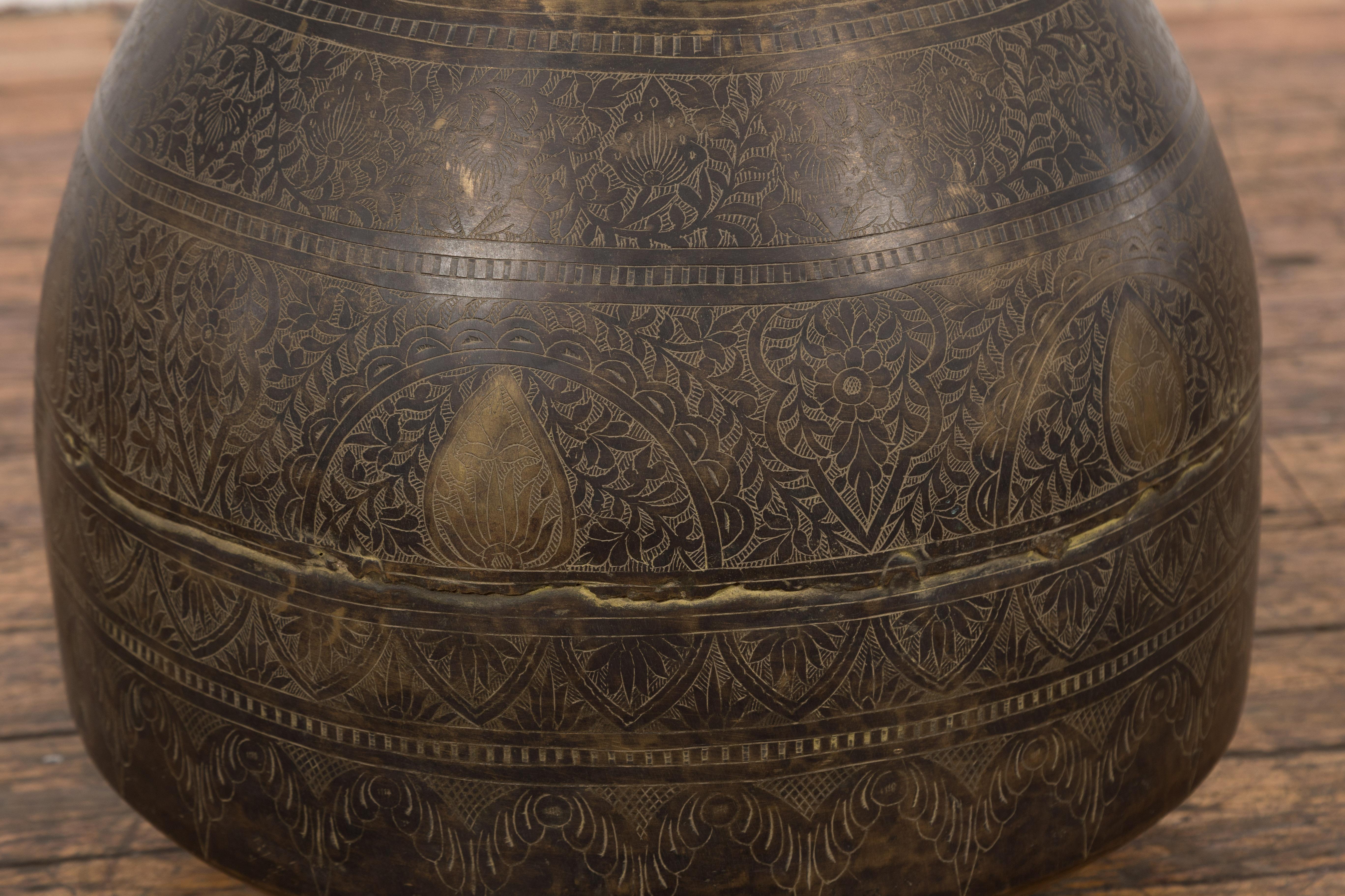 Indian 19th Century Brass Vessel with Abundant Etched Foliage Décor  For Sale 3