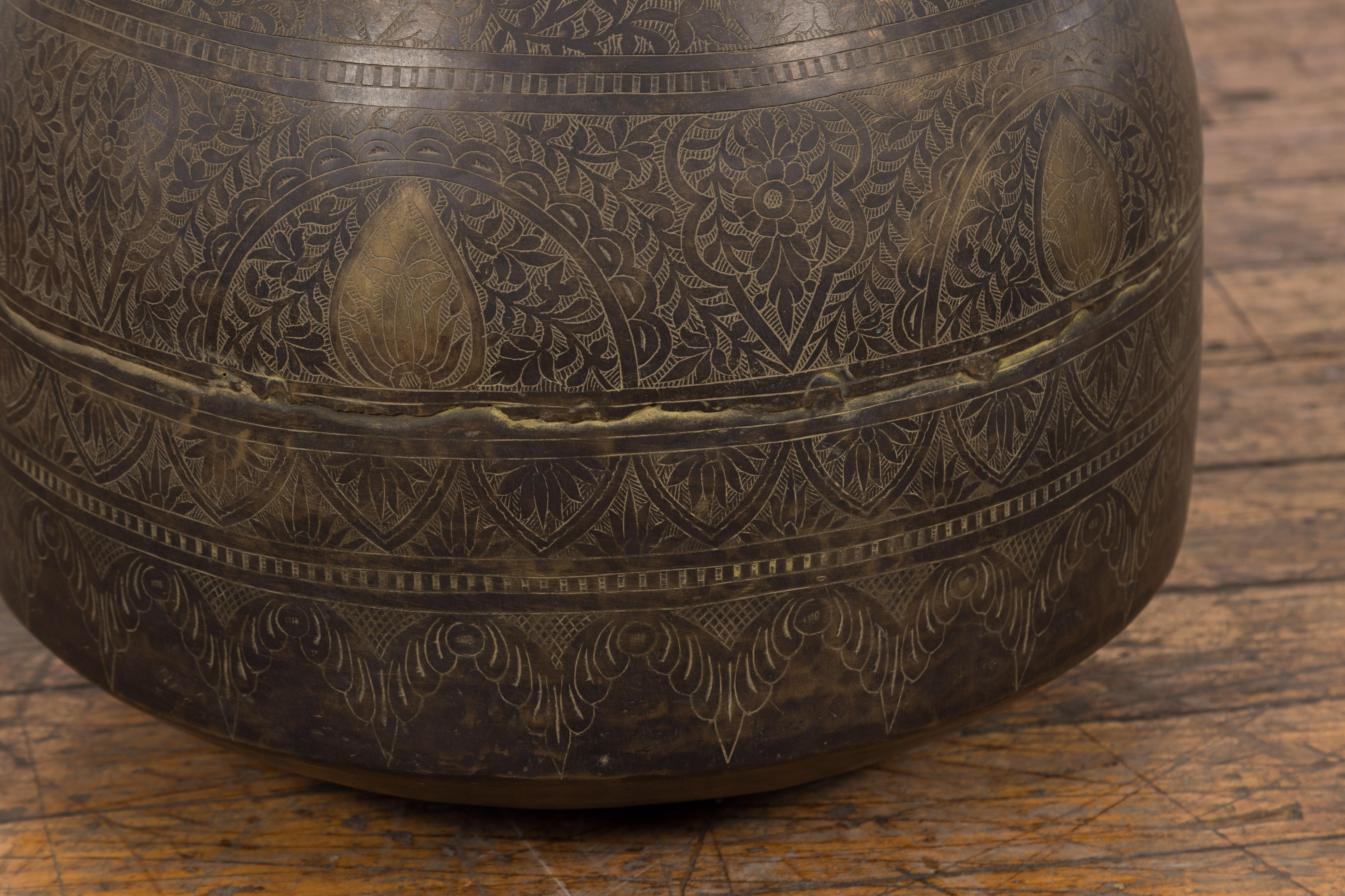 Indian 19th Century Brass Vessel with Abundant Etched Foliage Décor  For Sale 4