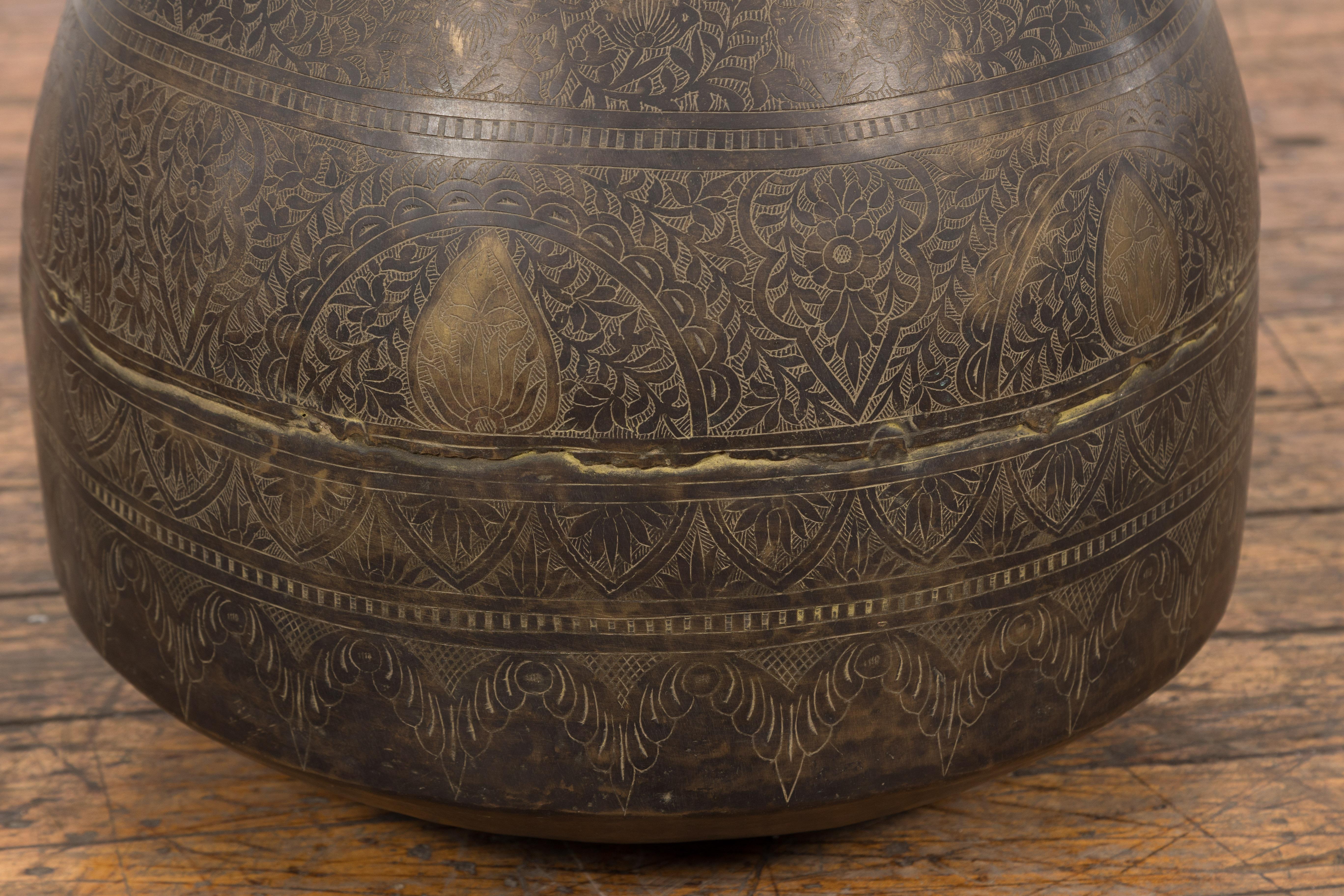 Indian 19th Century Brass Vessel with Abundant Etched Foliage Décor  For Sale 5