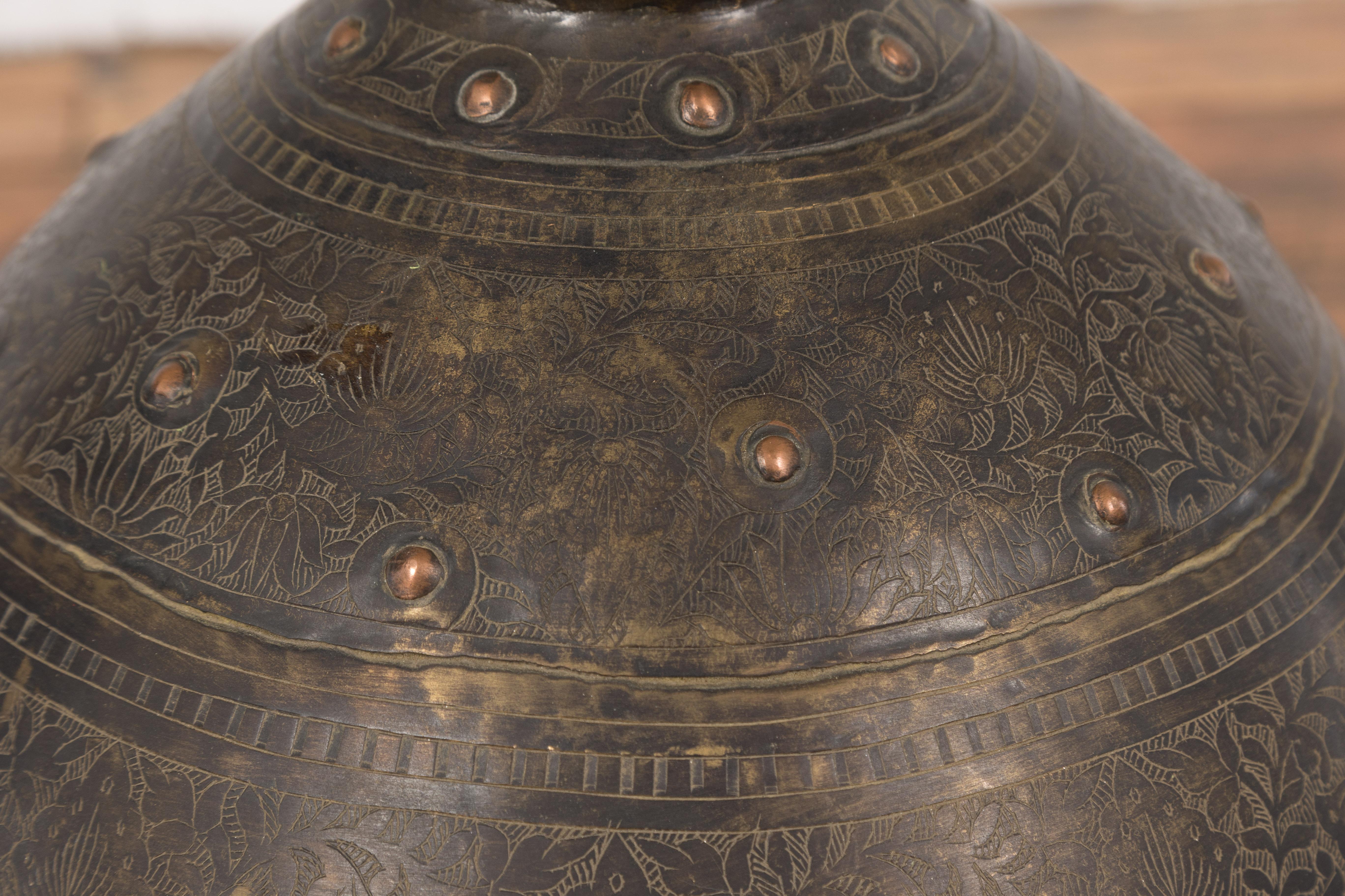 Indian 19th Century Brass Vessel with Abundant Etched Foliage Décor  For Sale 6