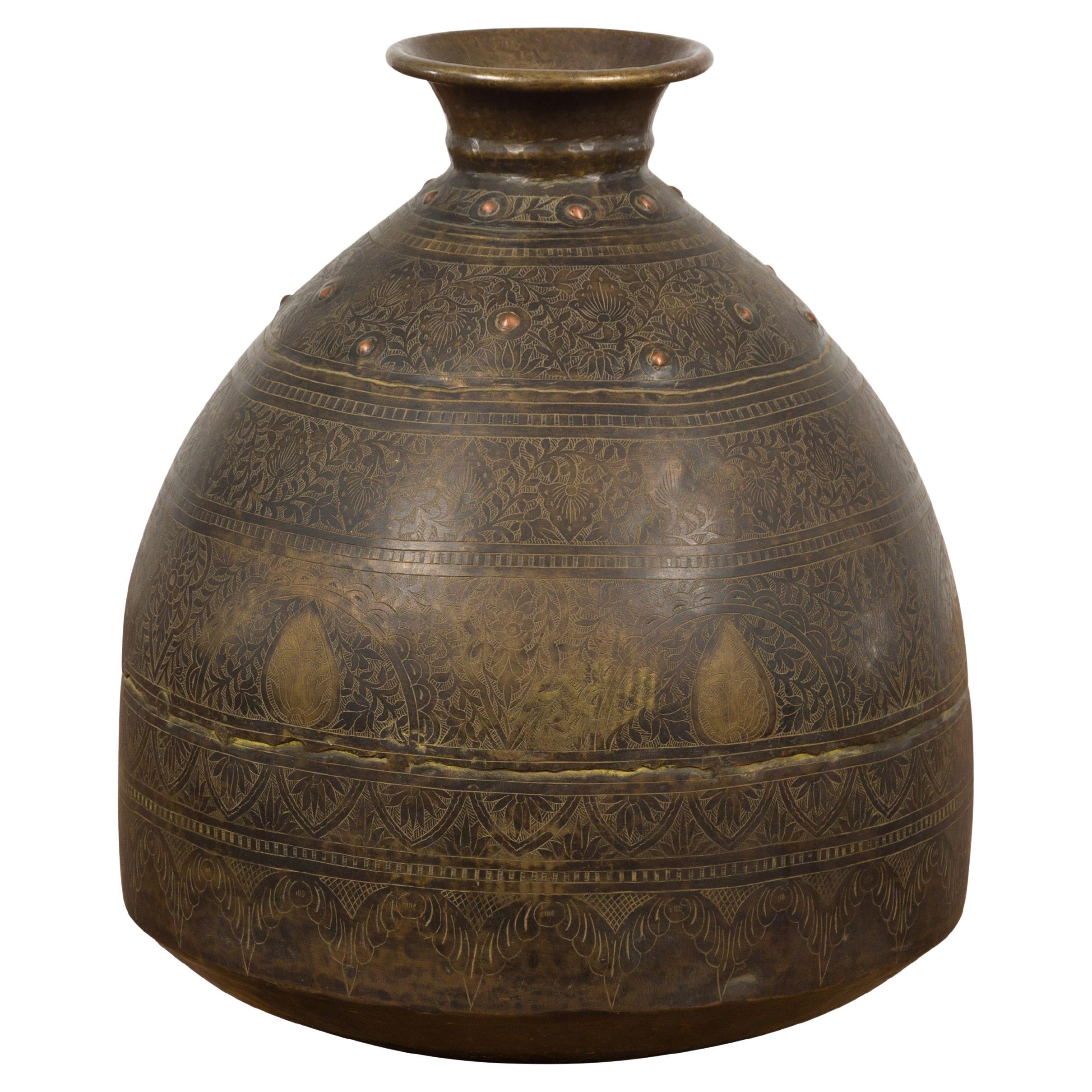 Indian 19th Century Brass Vessel with Abundant Etched Foliage Décor 