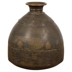 Antique Indian 19th Century Brass Vessel with Abundant Etched Foliage Décor 
