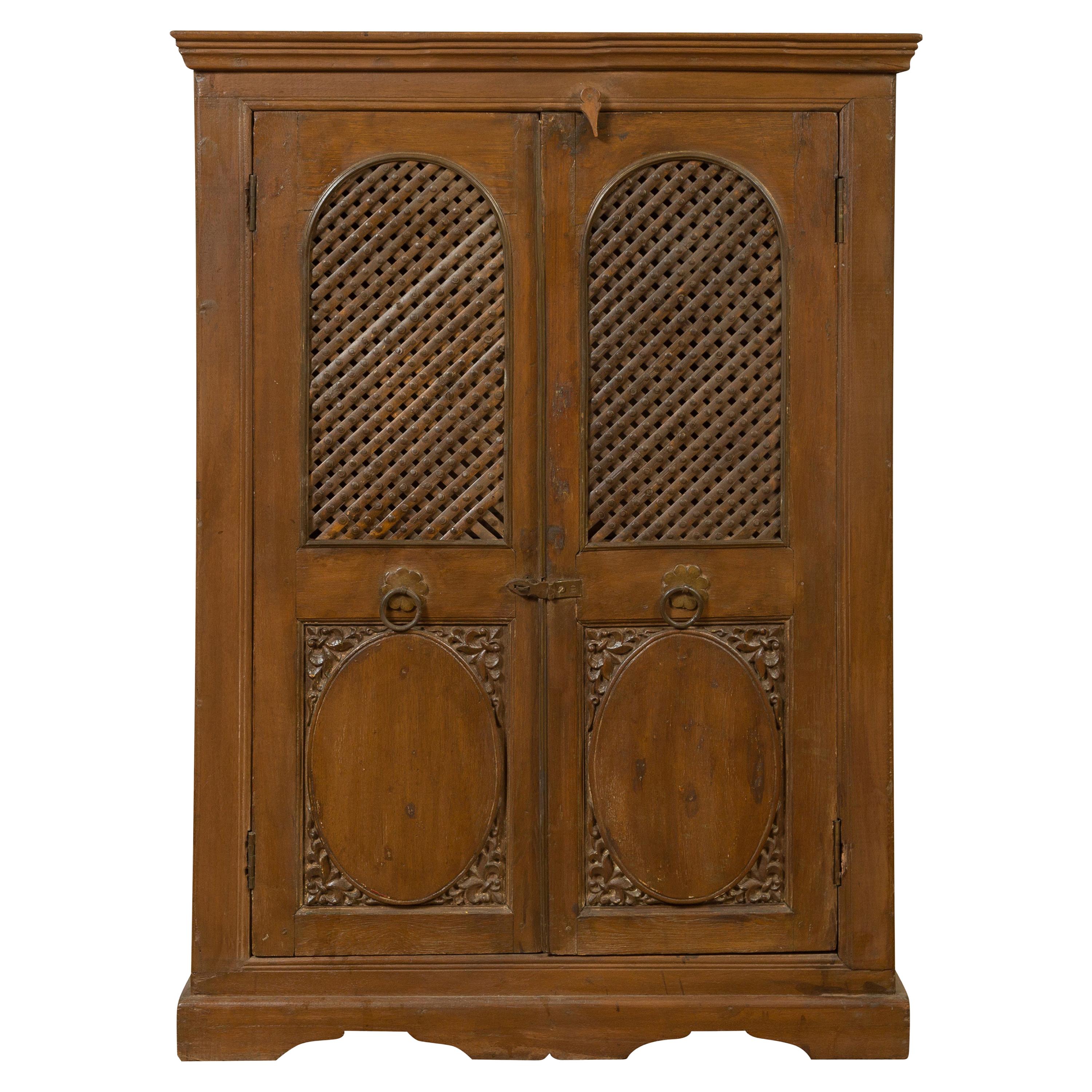 Indian 19th Century Cabinet with Metal Fretwork Motifs and Oval Medallions For Sale