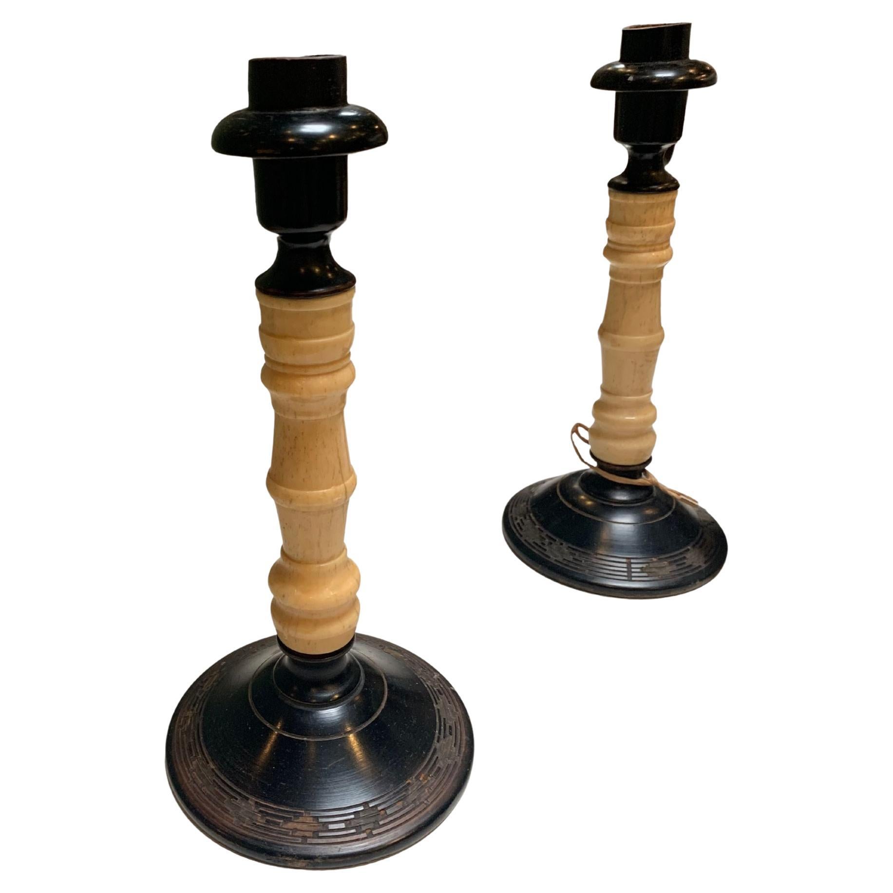 Indian 19th Century Candlesticks with Bone For Sale