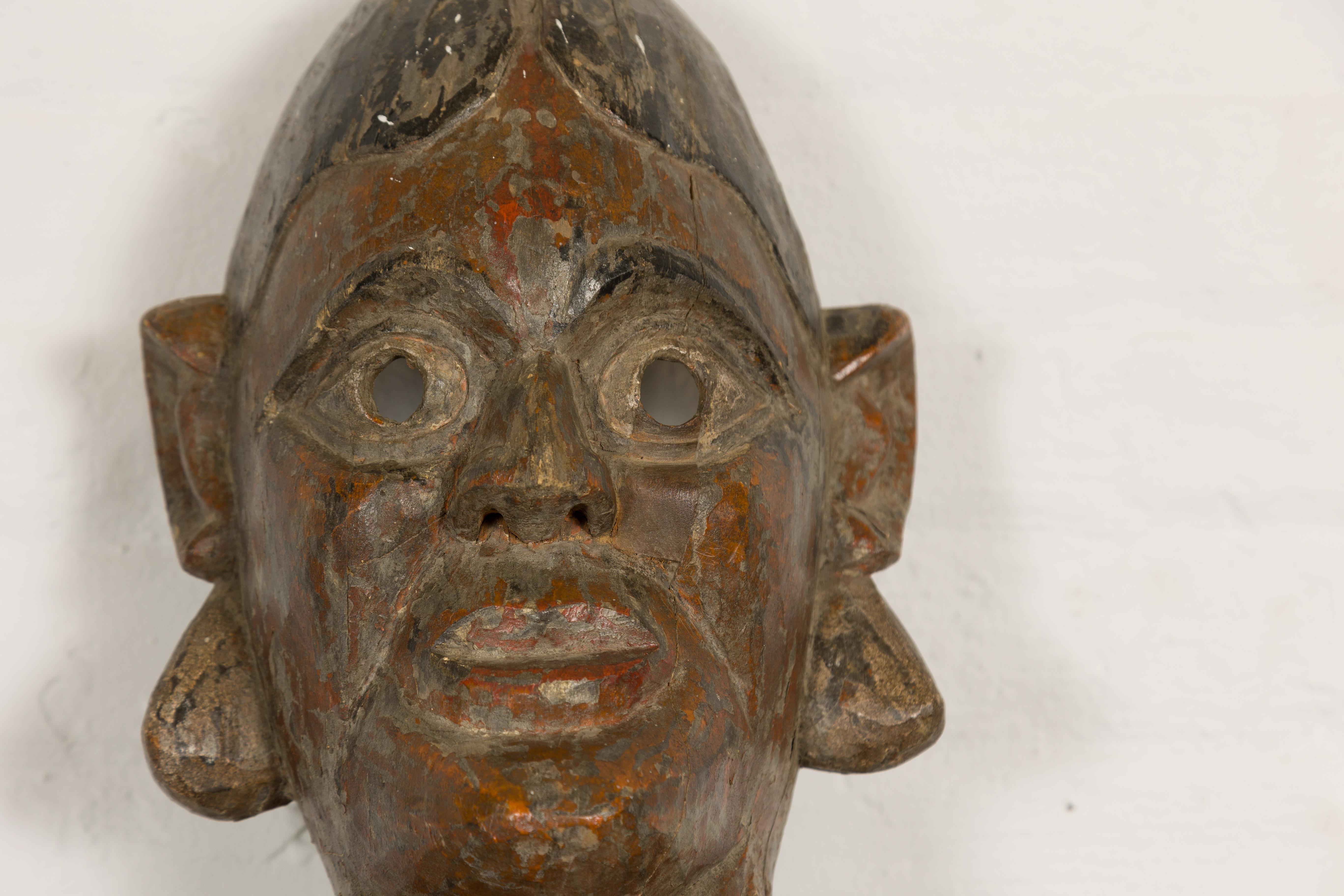 Hand-Carved 19th Century Ceremonial Wooden Bust Mask For Sale
