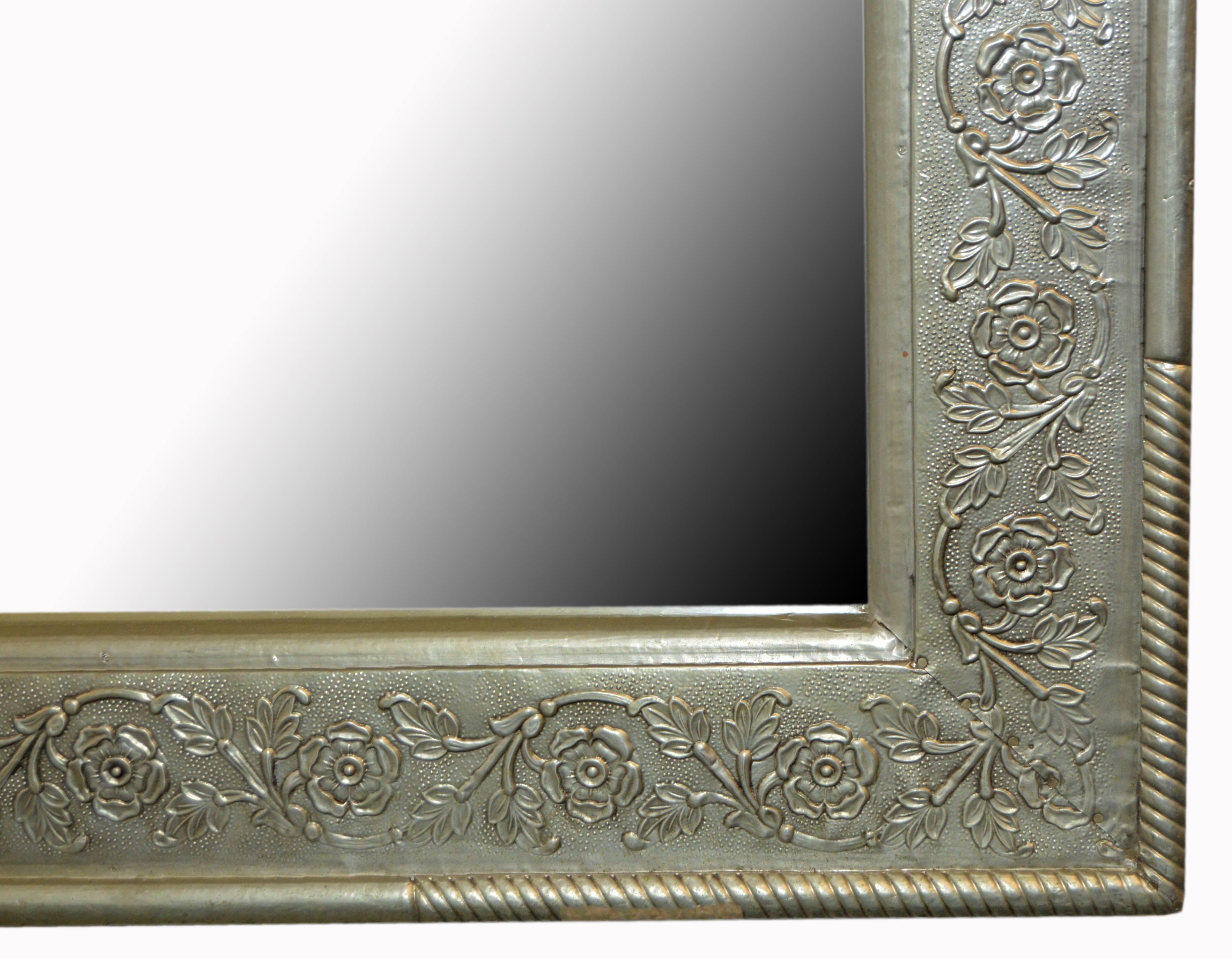 Indian 19th Century Floral Silver-Plated Mirror, Hand-Hammered Brass over Wood In Good Condition In Yonkers, NY