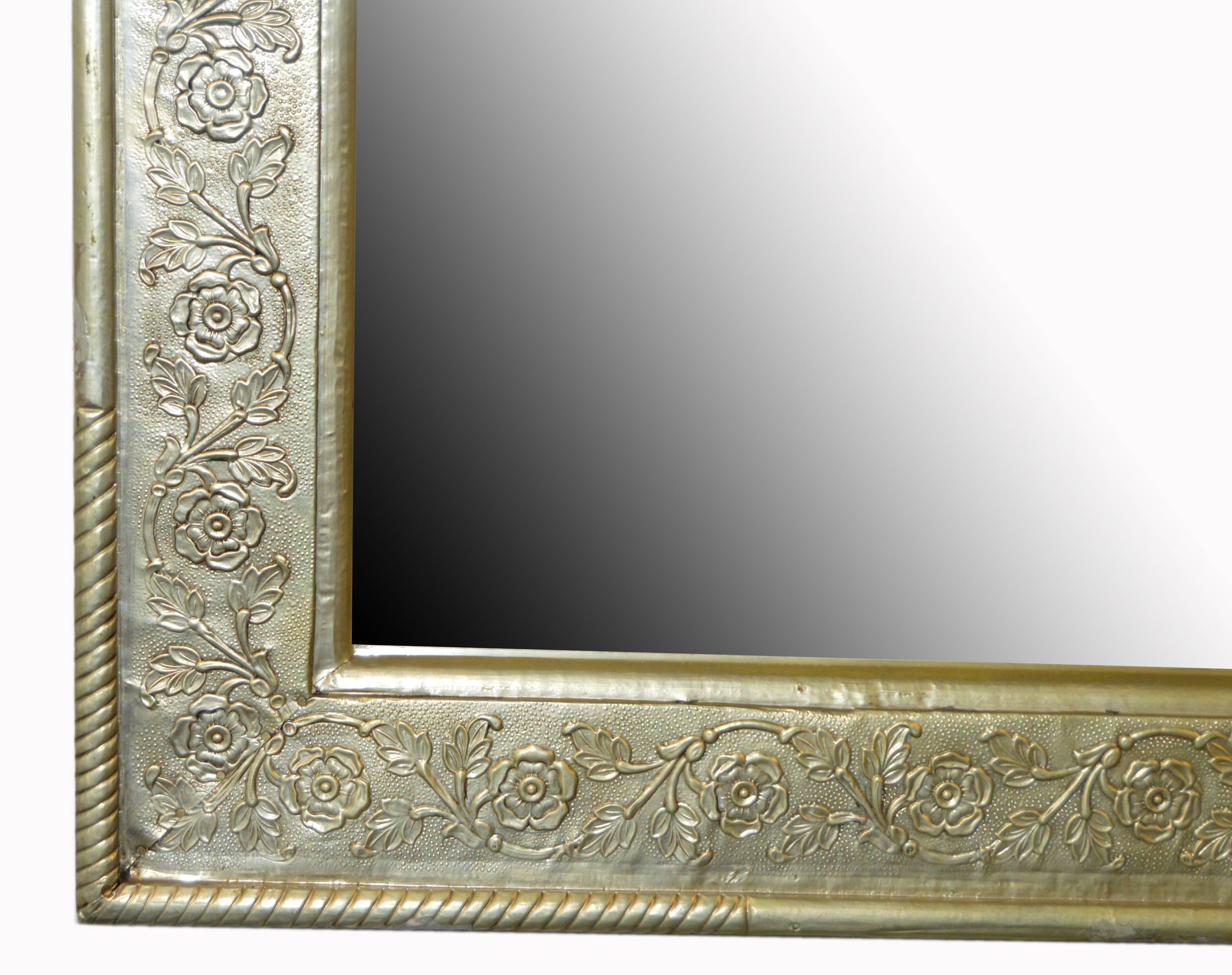 Silver Plate Indian 19th Century Floral Silver-Plated Mirror, Hand-Hammered Brass over Wood