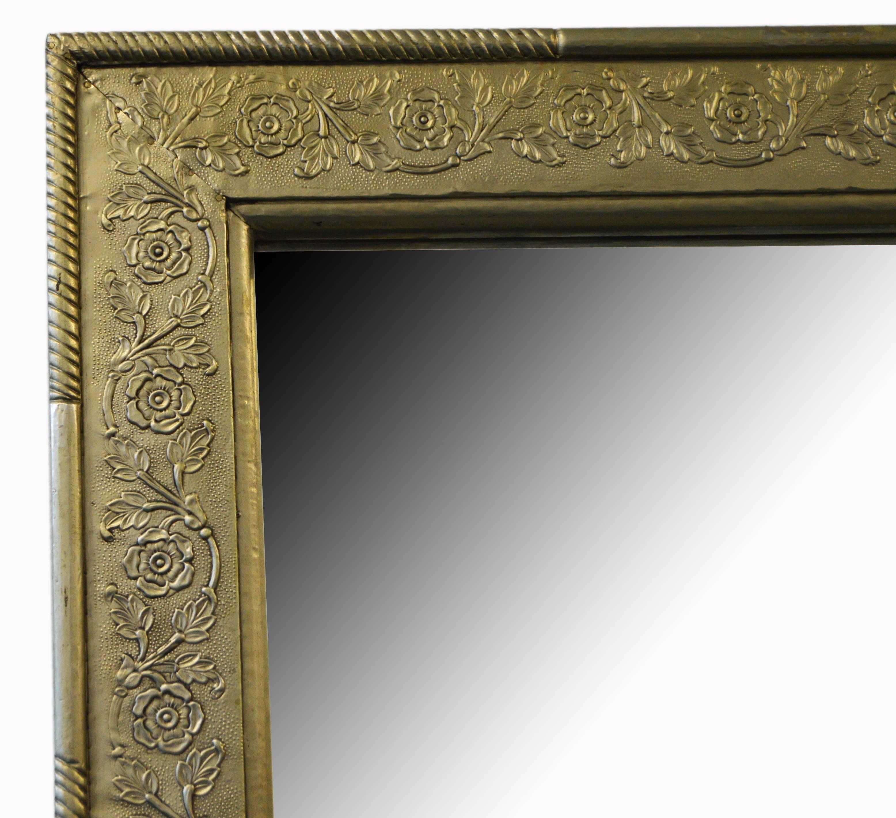 Indian 19th Century Floral Silver-Plated Mirror, Hand-Hammered Brass over Wood 1