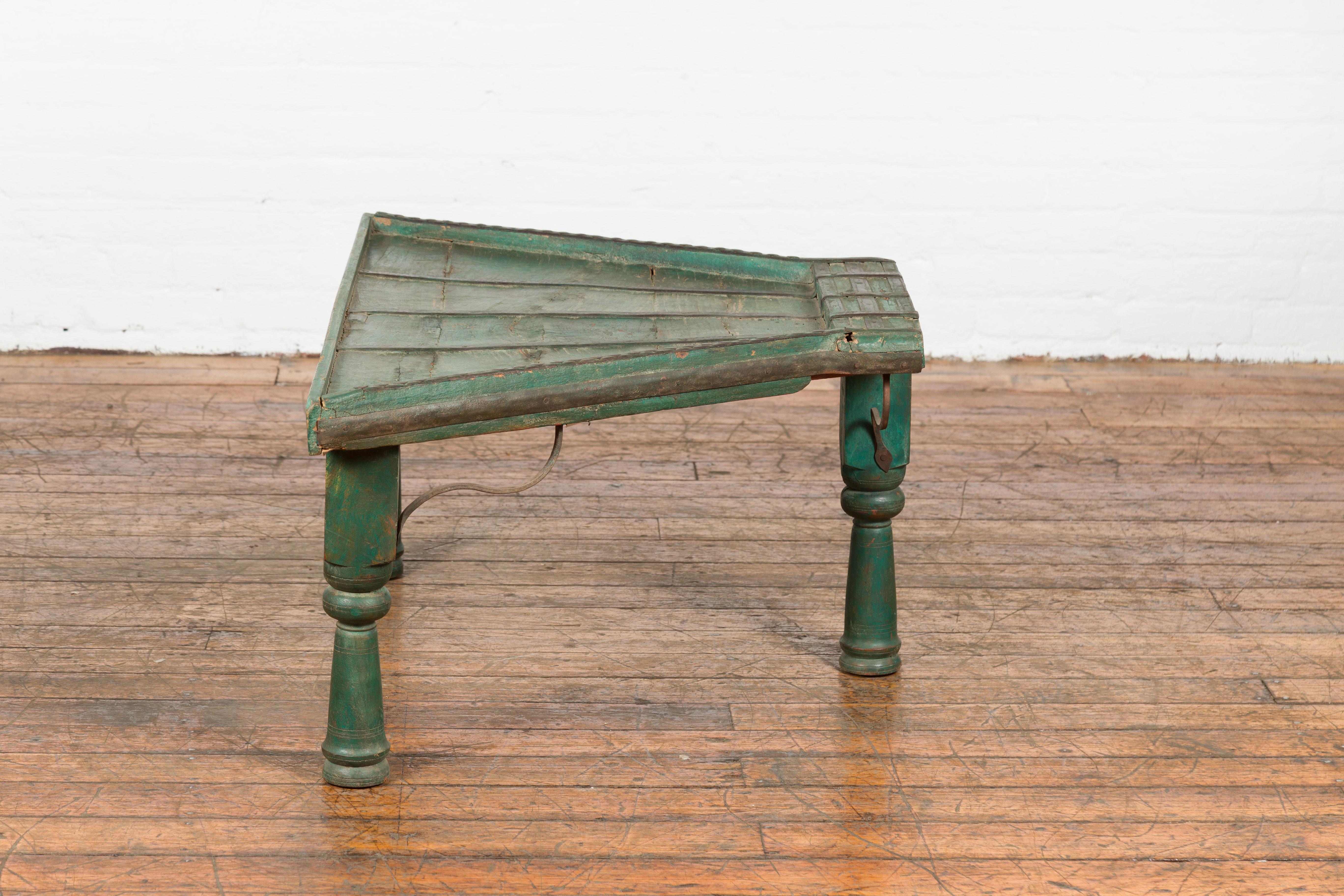 Indian 19th Century Green Painted Wood Bullock Cart Made into a Coffee Table For Sale 5