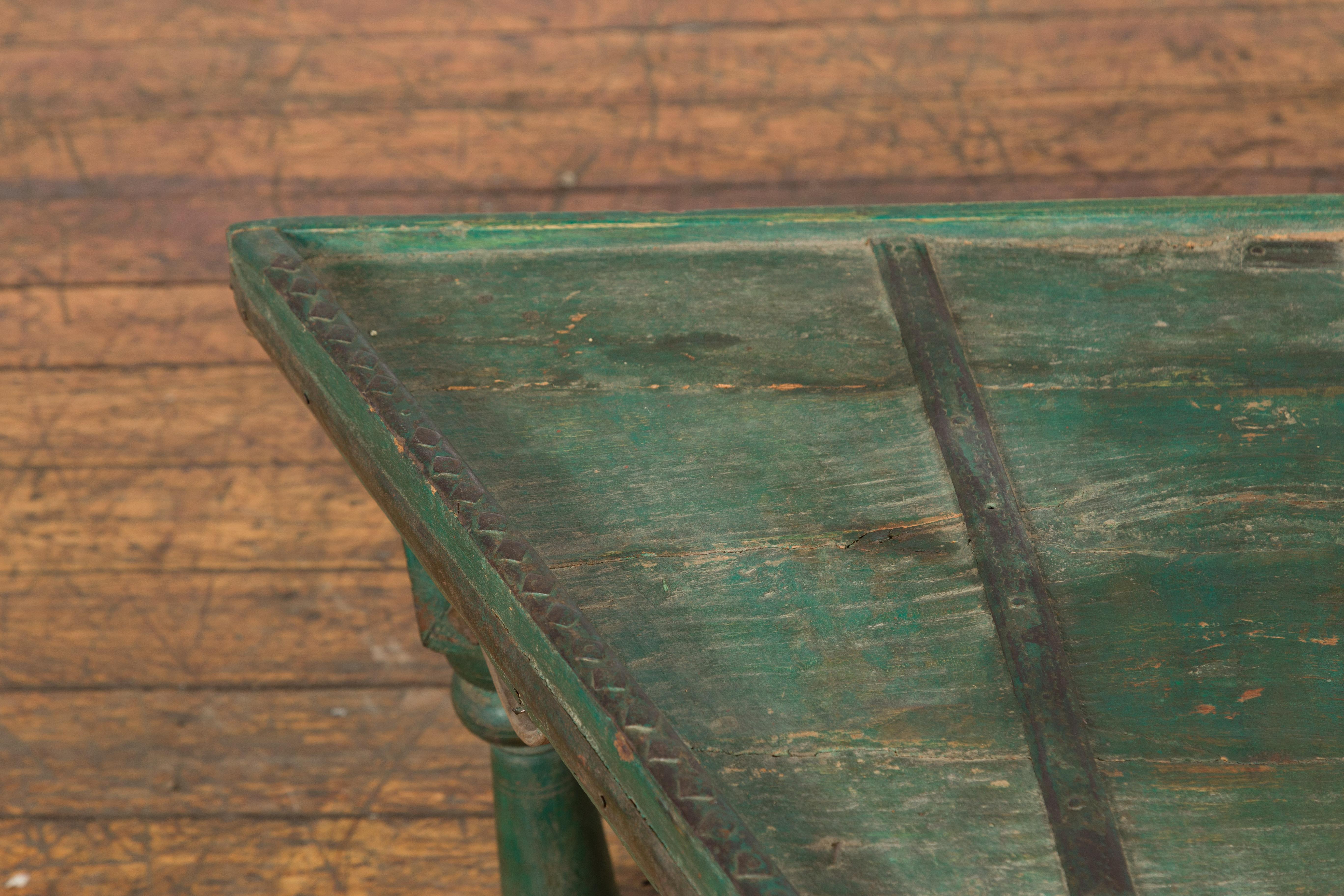 Rustic Indian 19th Century Green Painted Wood Bullock Cart Made into a Coffee Table For Sale