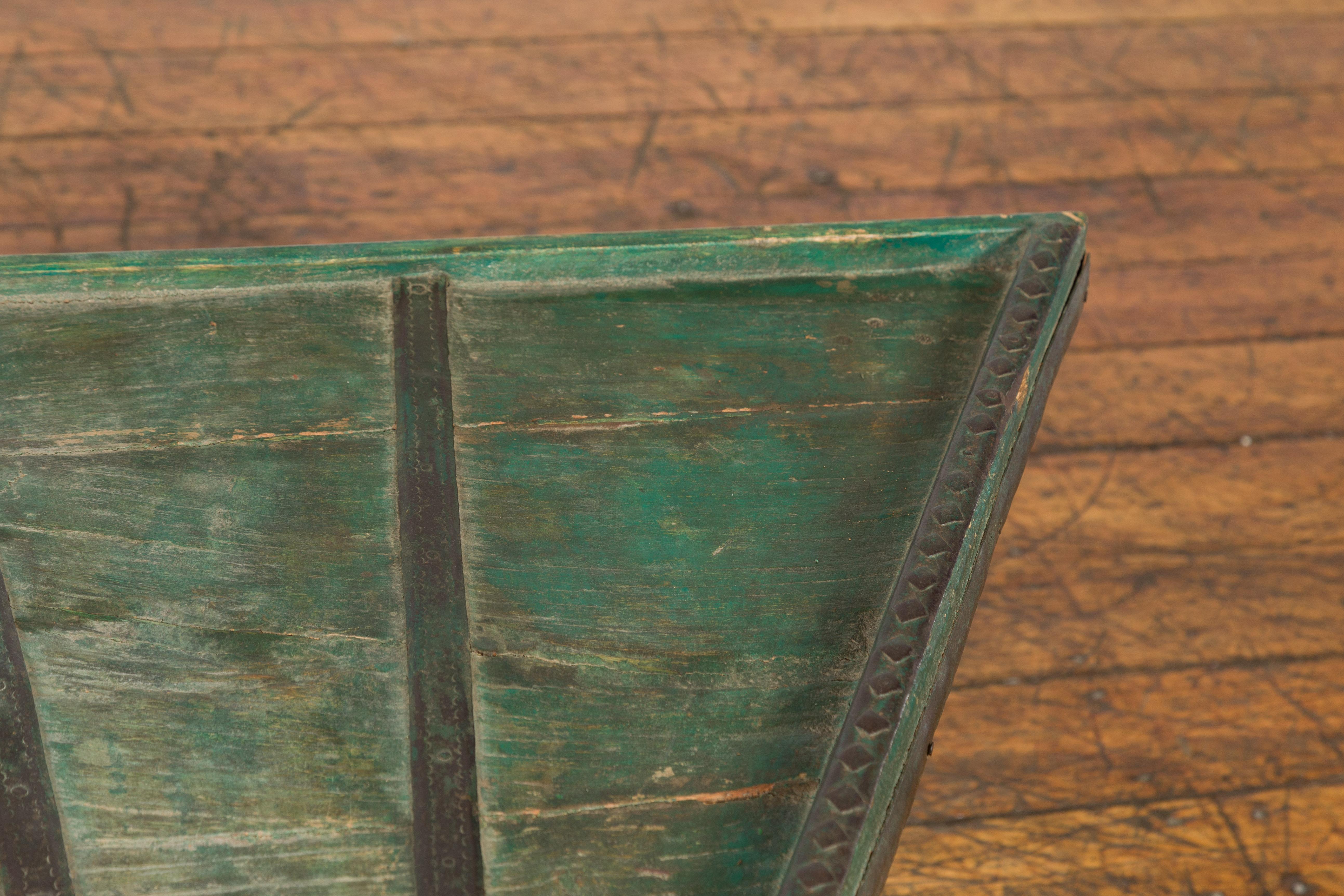 Indian 19th Century Green Painted Wood Bullock Cart Made into a Coffee Table In Good Condition For Sale In Yonkers, NY