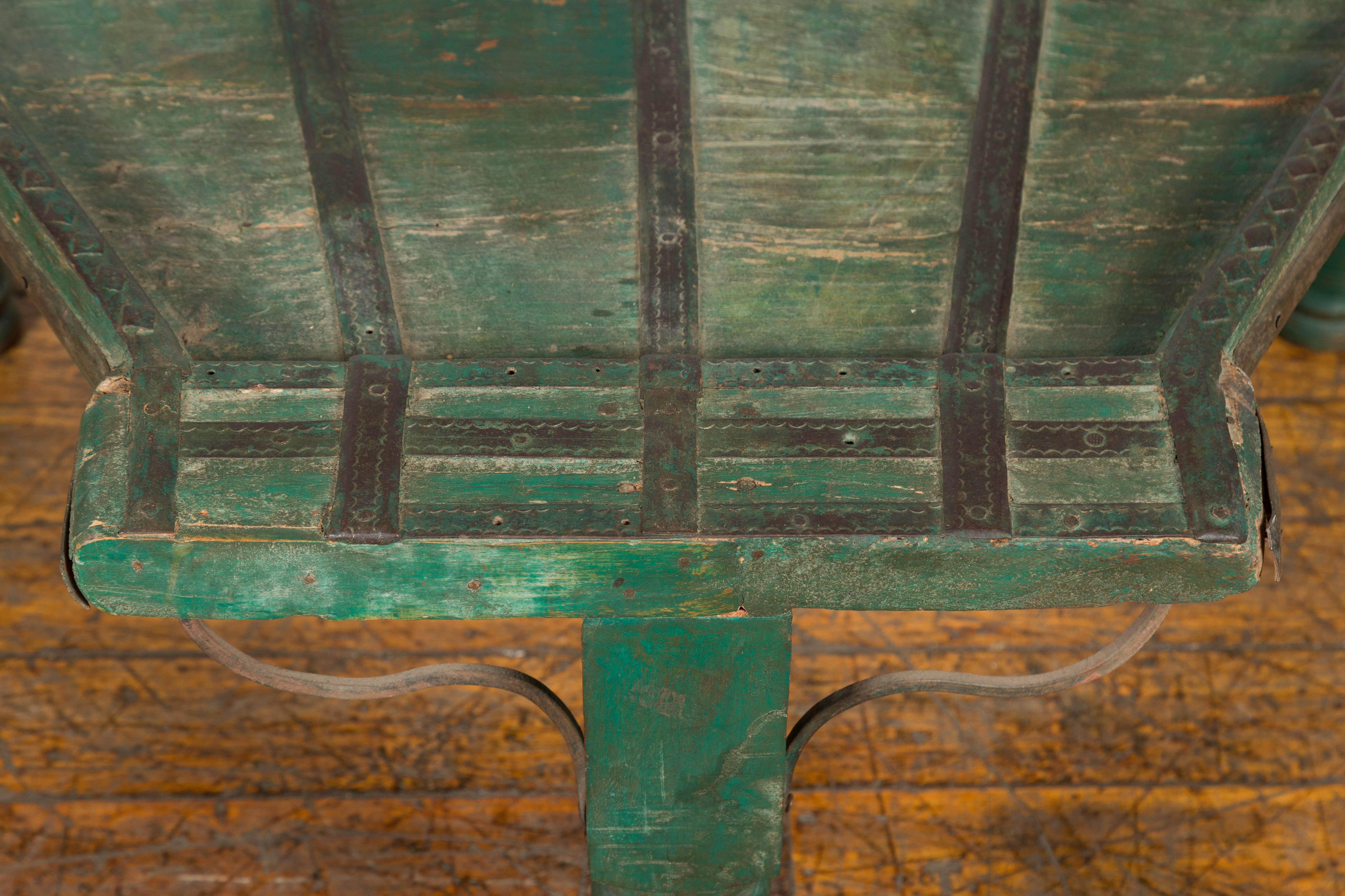 Iron Indian 19th Century Green Painted Wood Bullock Cart Made into a Coffee Table For Sale