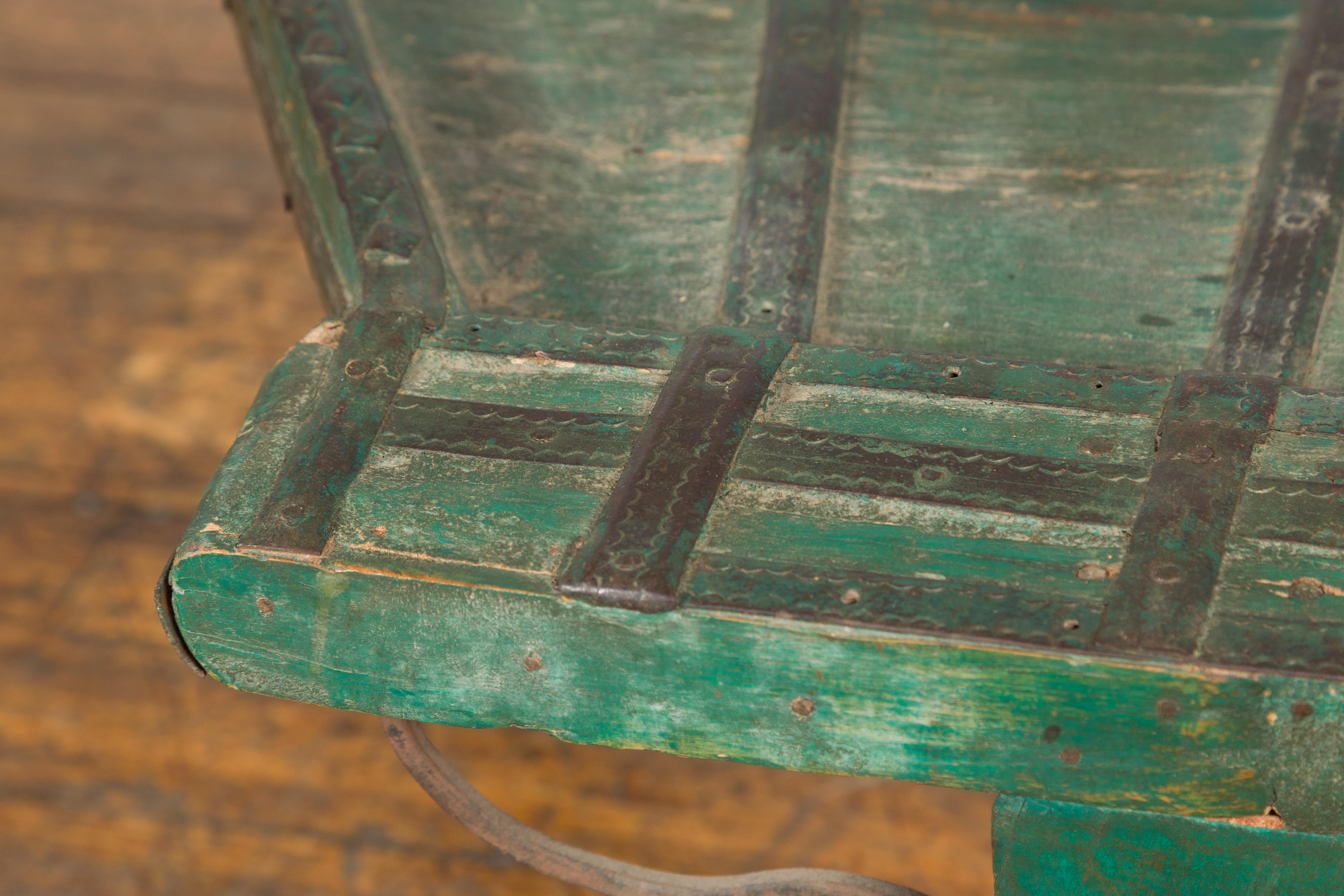 Indian 19th Century Green Painted Wood Bullock Cart Made into a Coffee Table For Sale 1