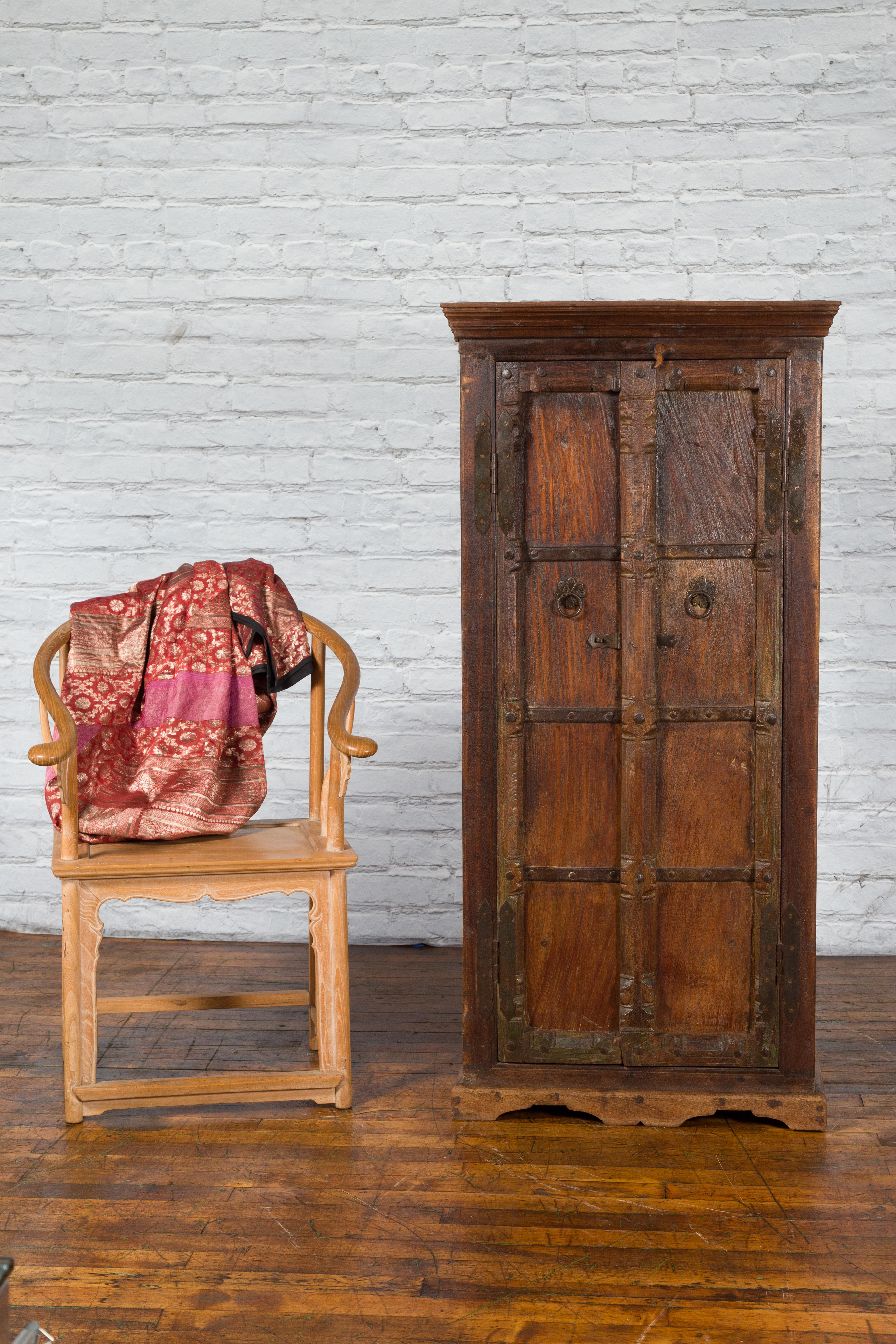 Rustic Indian 19th Century Gujarat Armoire with Iron Braces and Carved Half Columns For Sale
