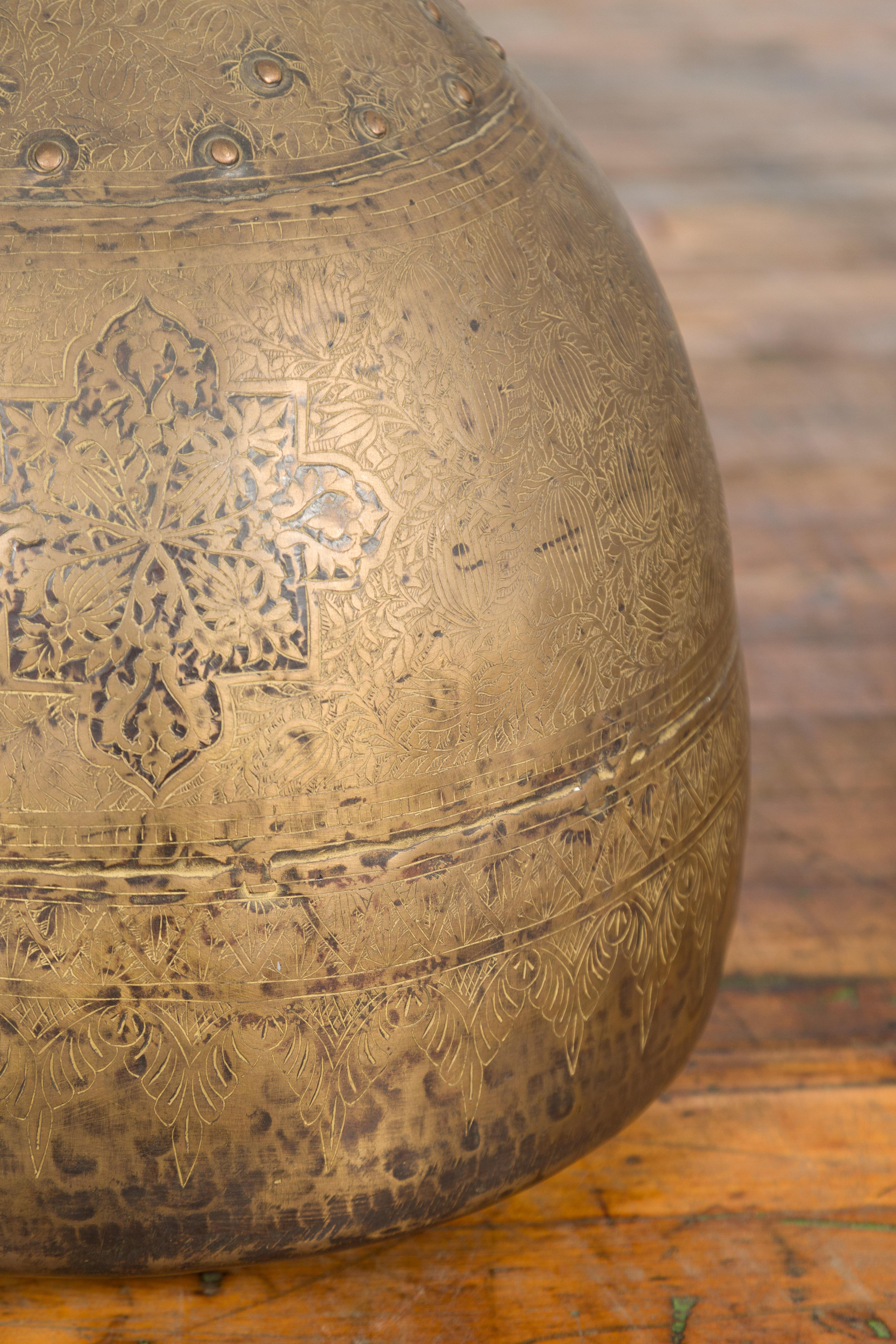 Indian 19th Century Large Brass Vase with Etched Floral Décor 4