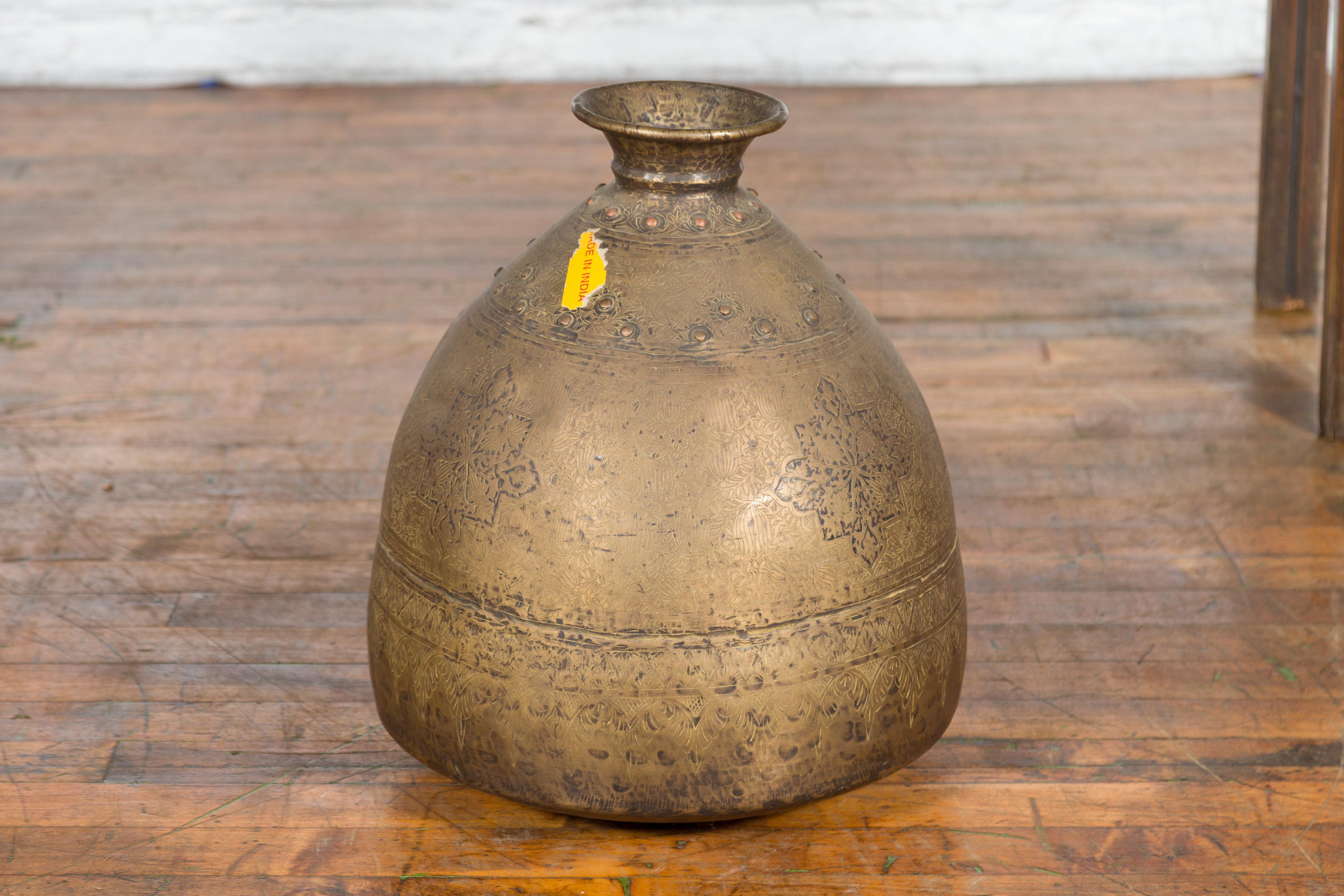 Indian 19th Century Large Brass Vase with Etched Floral Décor 5