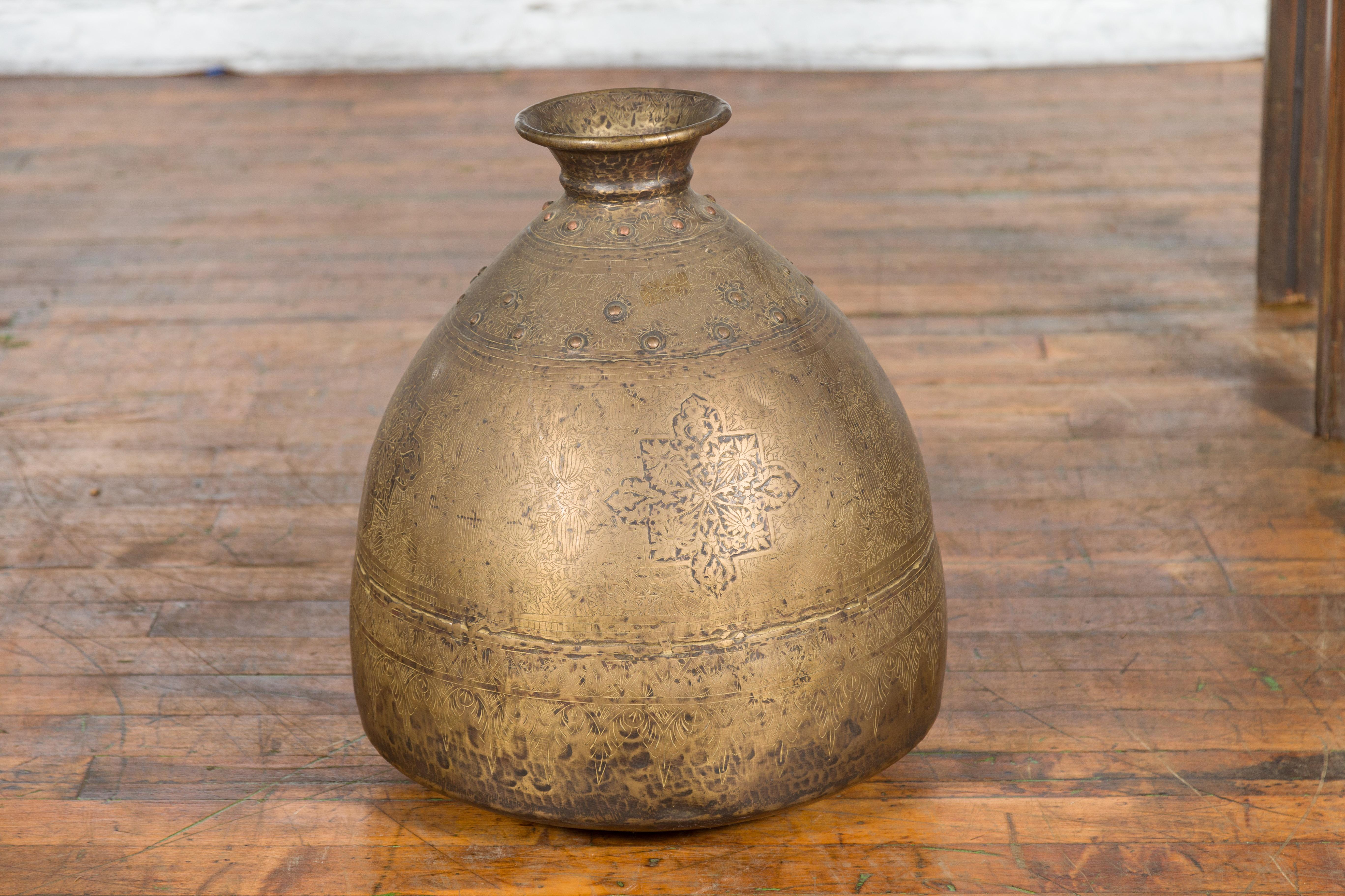Indian 19th Century Large Brass Vase with Etched Floral Décor 6