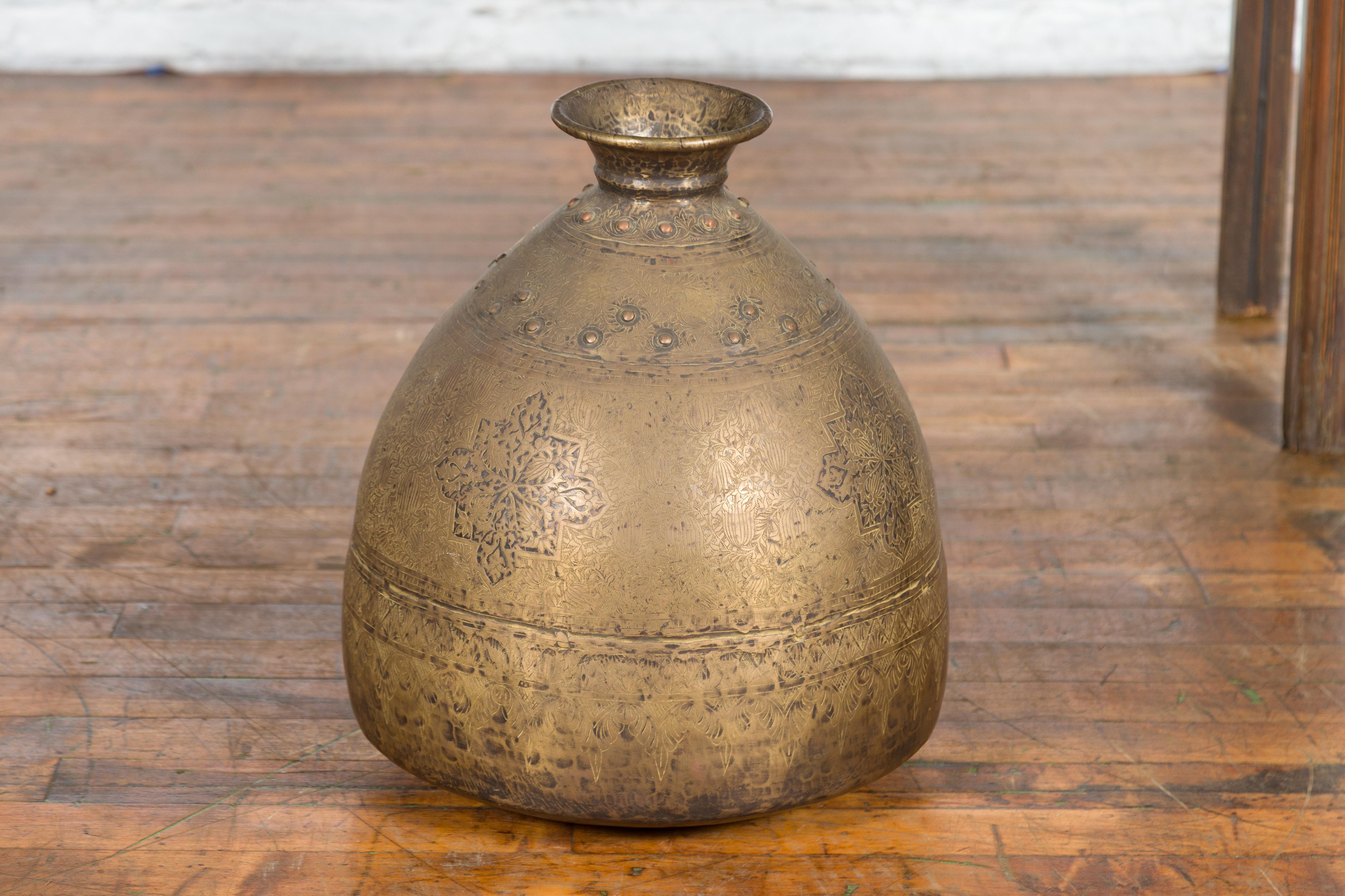 Indian 19th Century Large Brass Vase with Etched Floral Décor 7