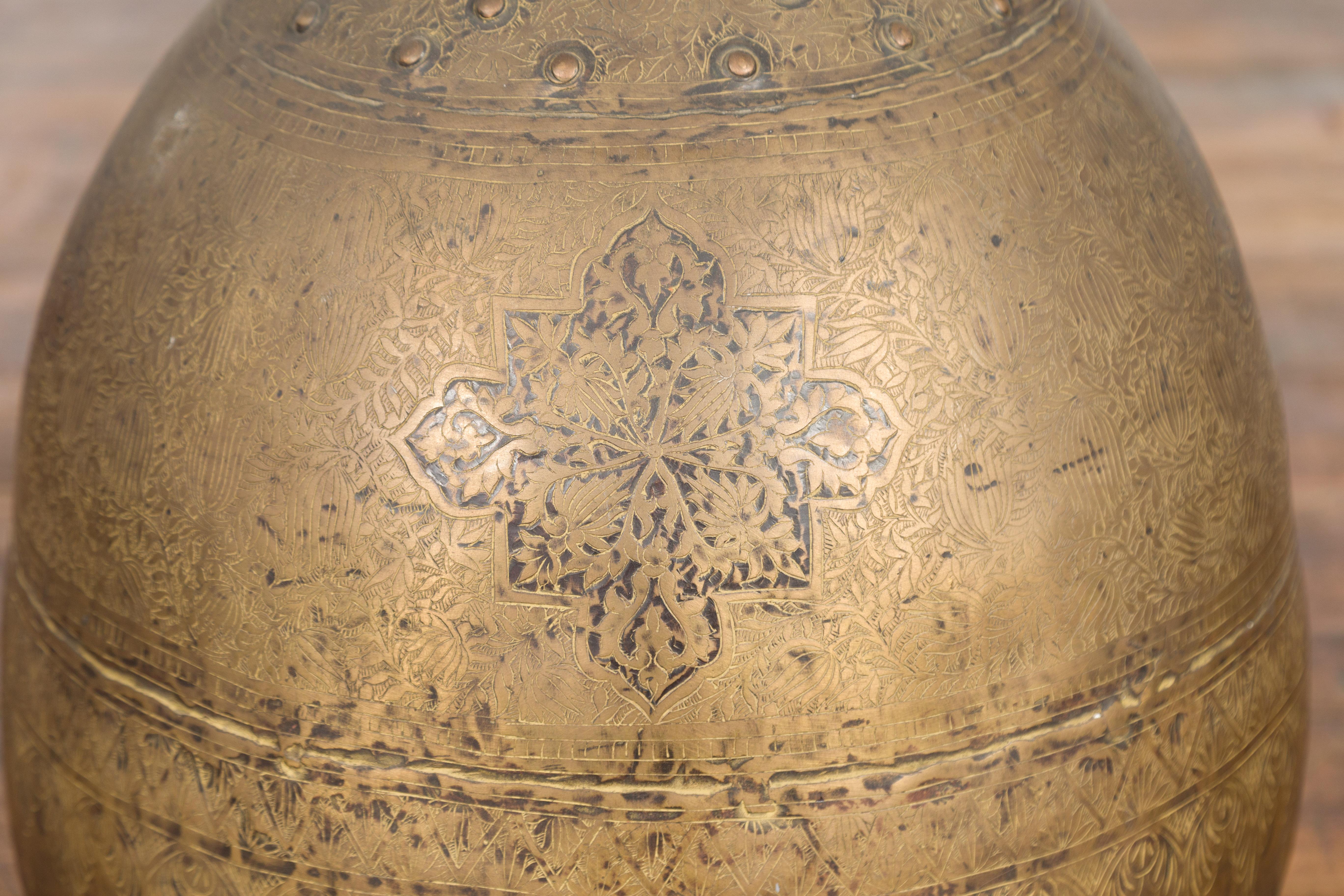 Indian 19th Century Large Brass Vase with Etched Floral Décor In Good Condition In Yonkers, NY