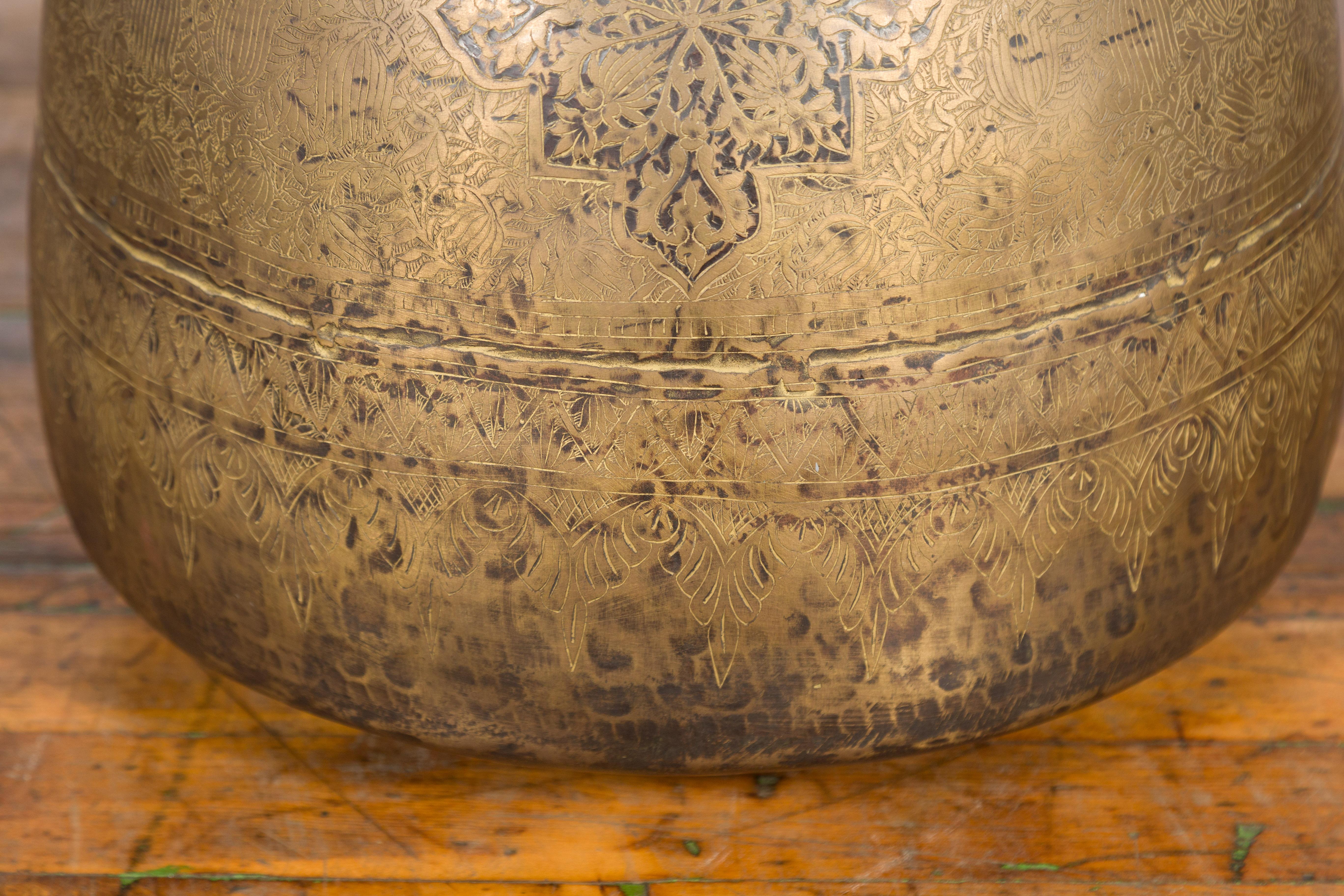 Indian 19th Century Large Brass Vase with Etched Floral Décor 1