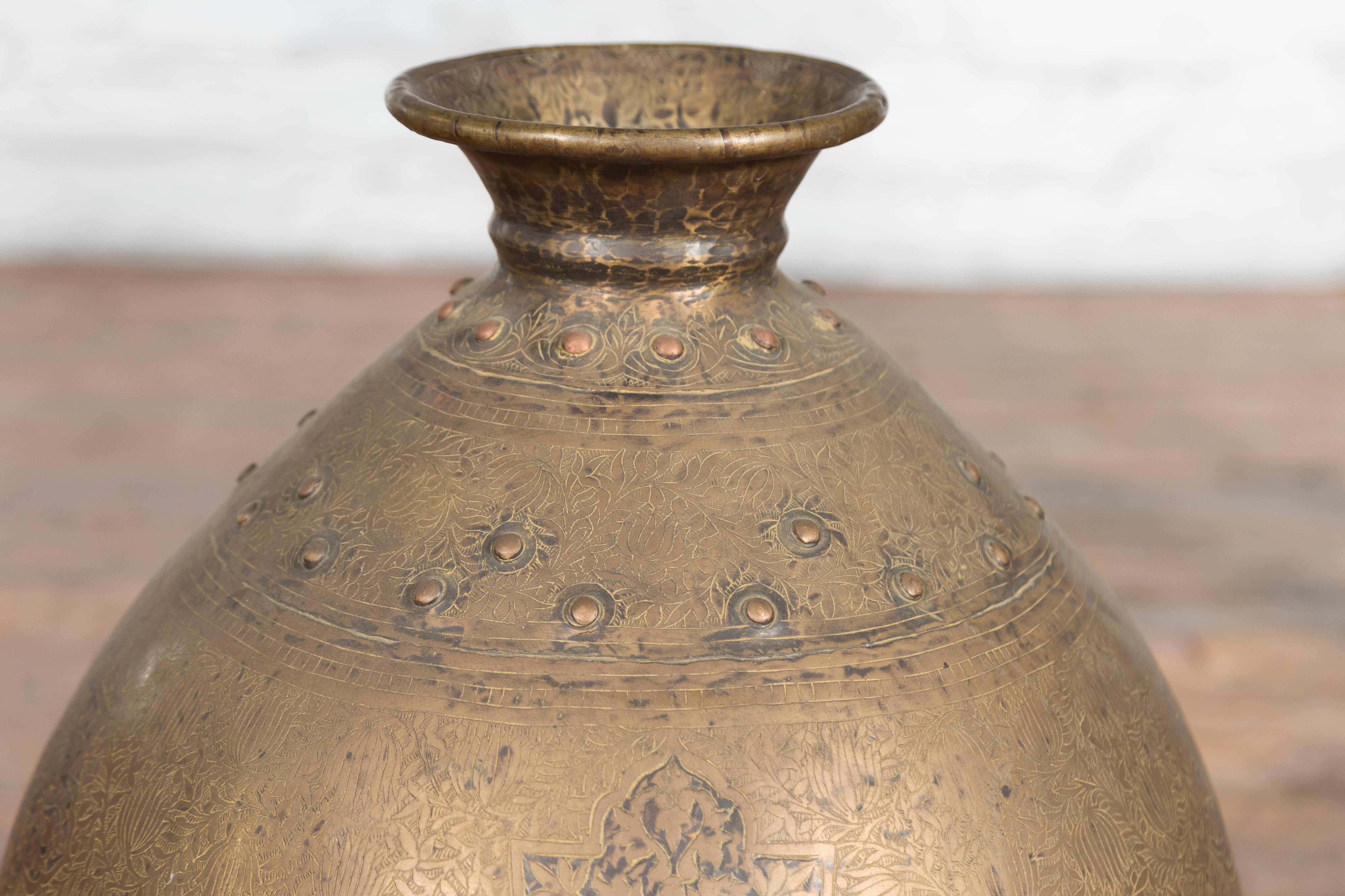 Indian 19th Century Large Brass Vase with Etched Floral Décor 2