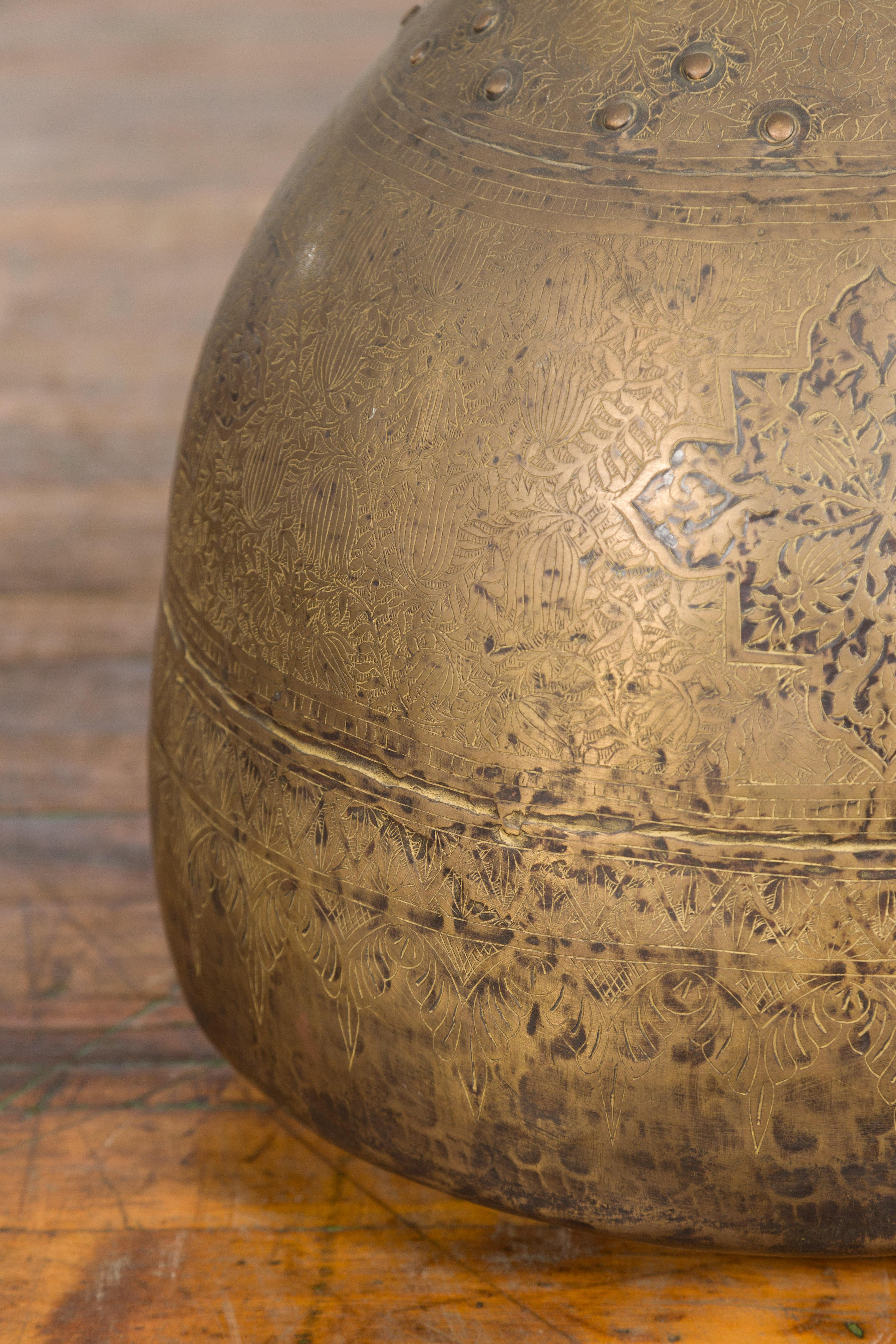 Indian 19th Century Large Brass Vase with Etched Floral Décor 3