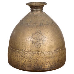 Indian 19th Century Large Brass Vase with Etched Floral Décor