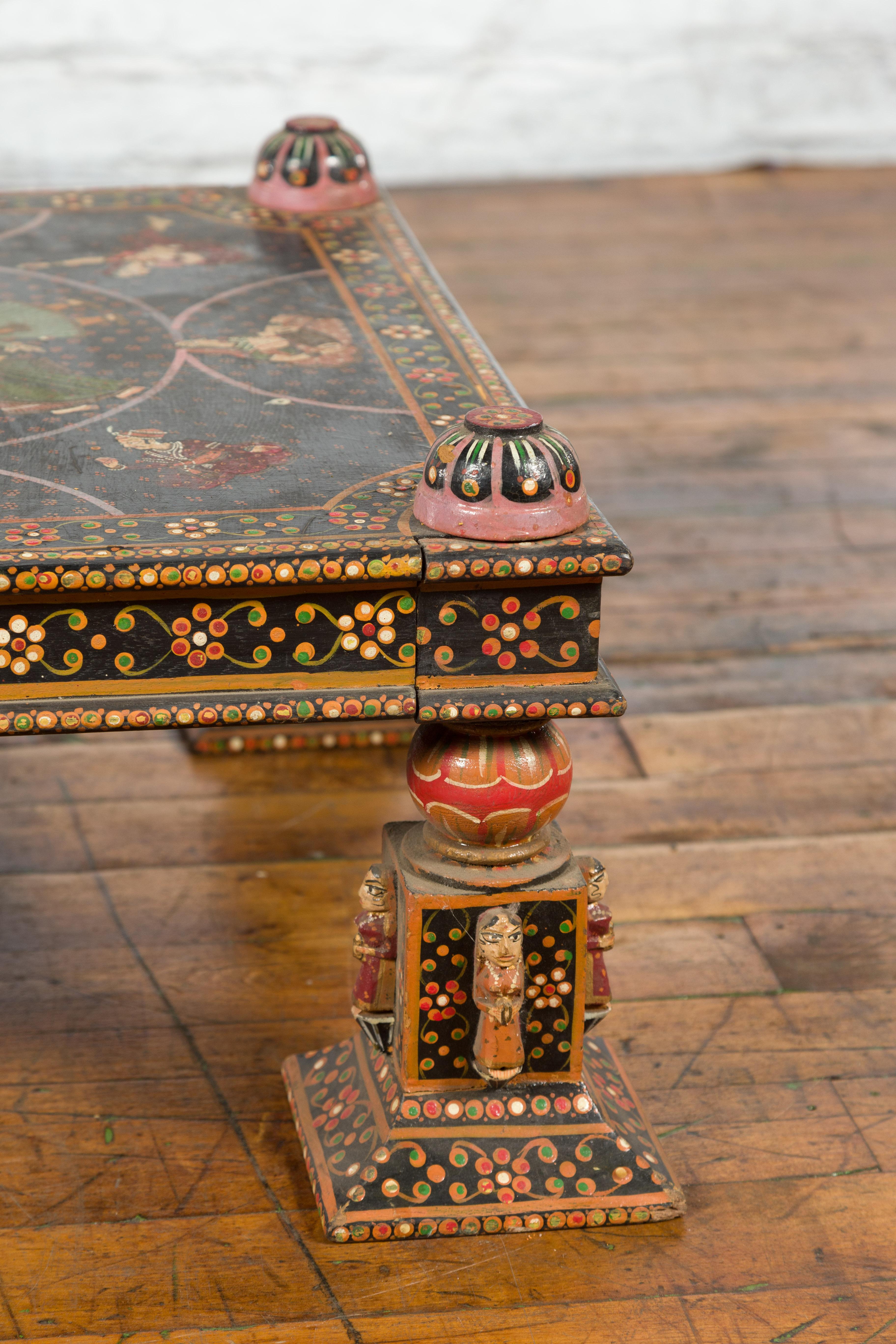Indian 19th Century Low Coffee Table with Hand-Painted Dancers and Musicians For Sale 6