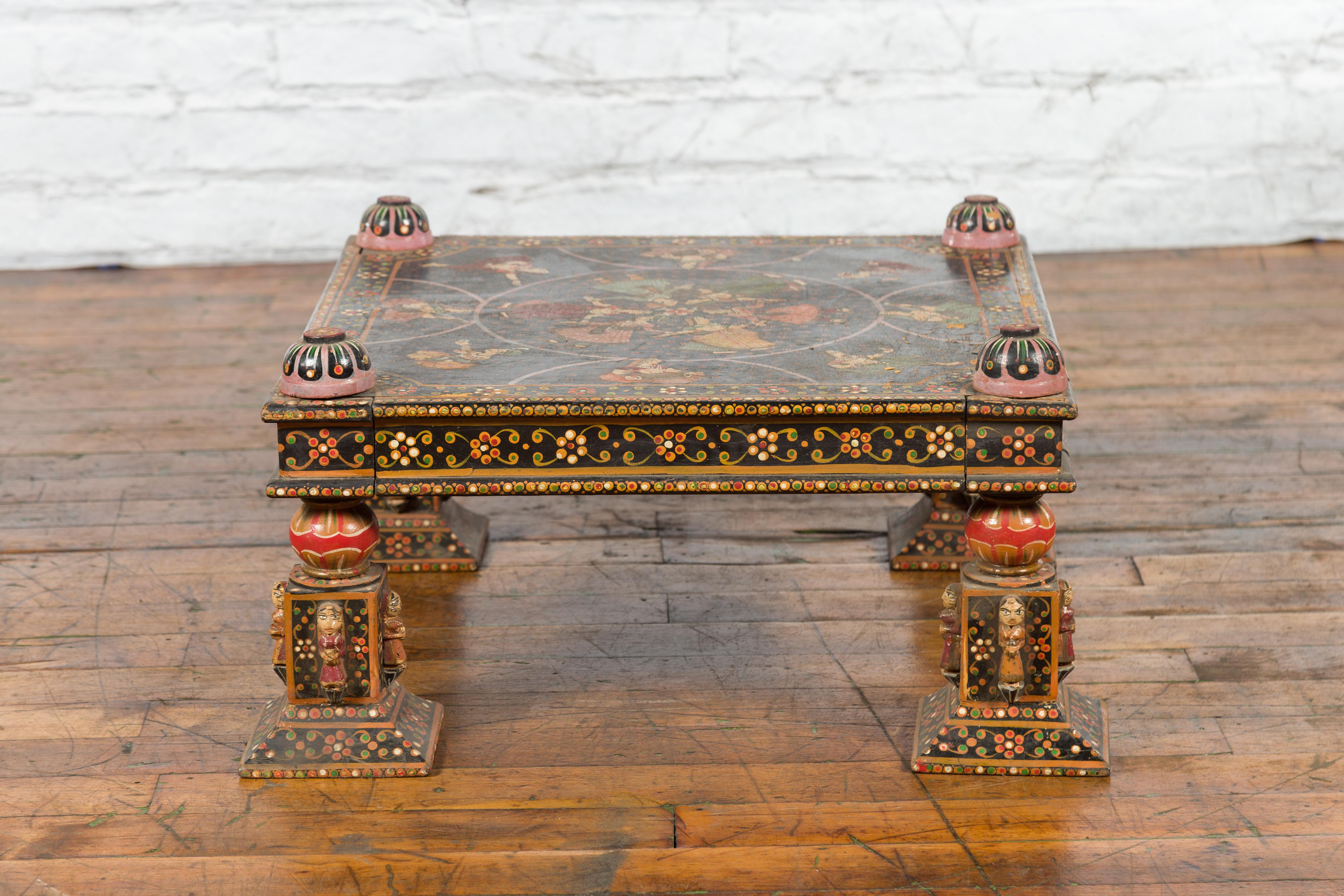 Indian 19th Century Low Coffee Table with Hand-Painted Dancers and Musicians For Sale 9