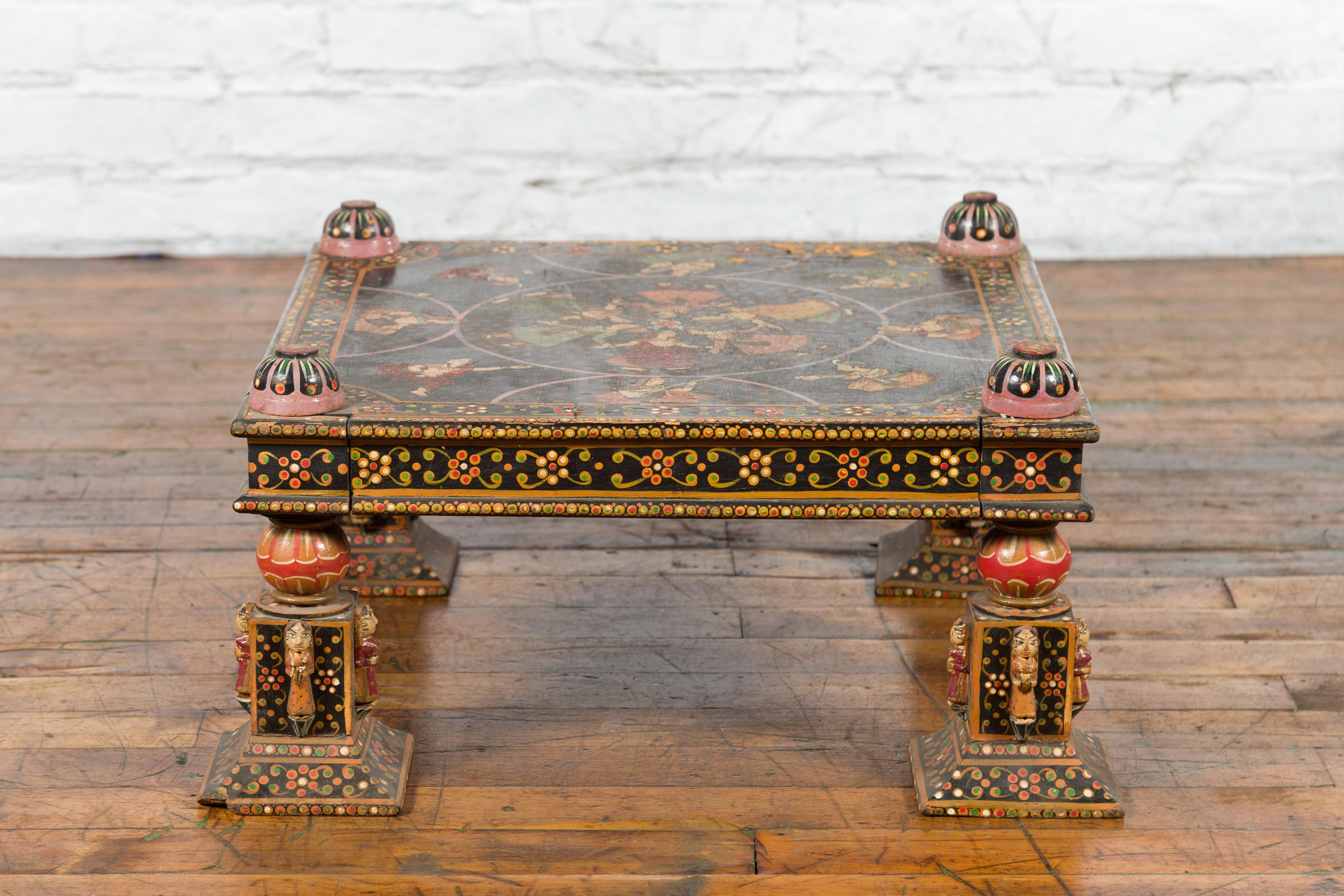 Indian 19th Century Low Coffee Table with Hand-Painted Dancers and Musicians For Sale 10