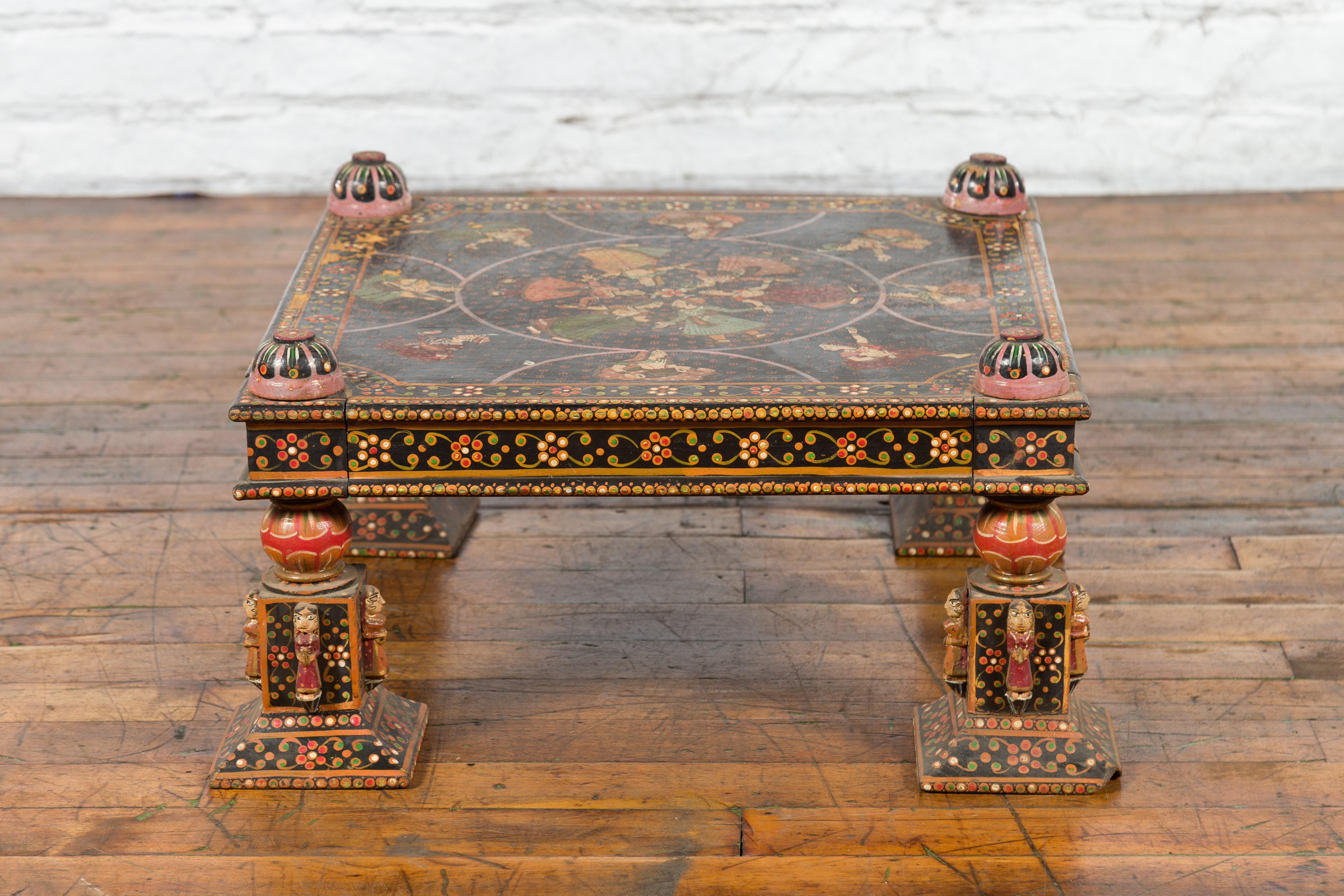 Indian 19th Century Low Coffee Table with Hand-Painted Dancers and Musicians For Sale 12