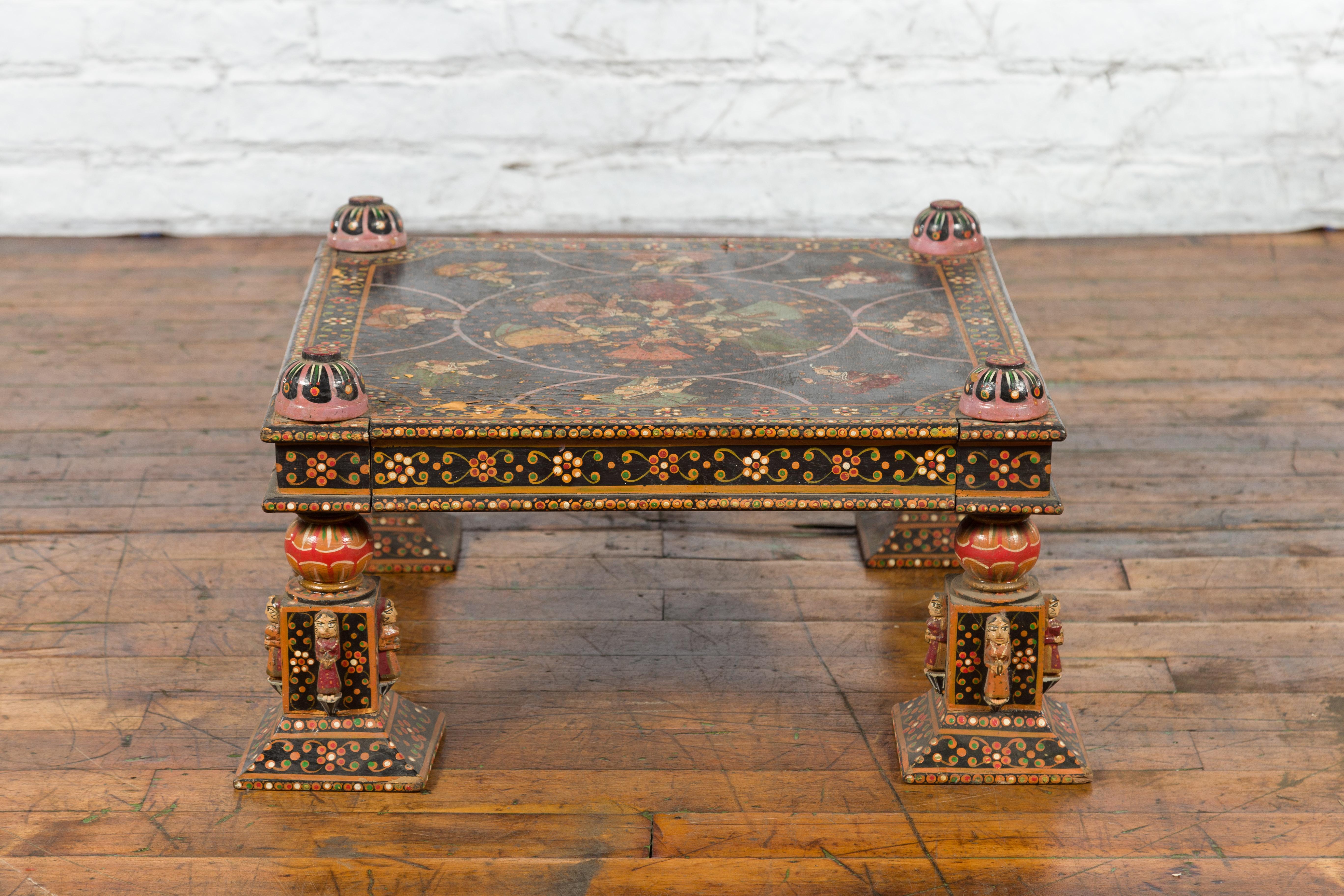 Indian 19th Century Low Coffee Table with Hand-Painted Dancers and Musicians In Good Condition For Sale In Yonkers, NY