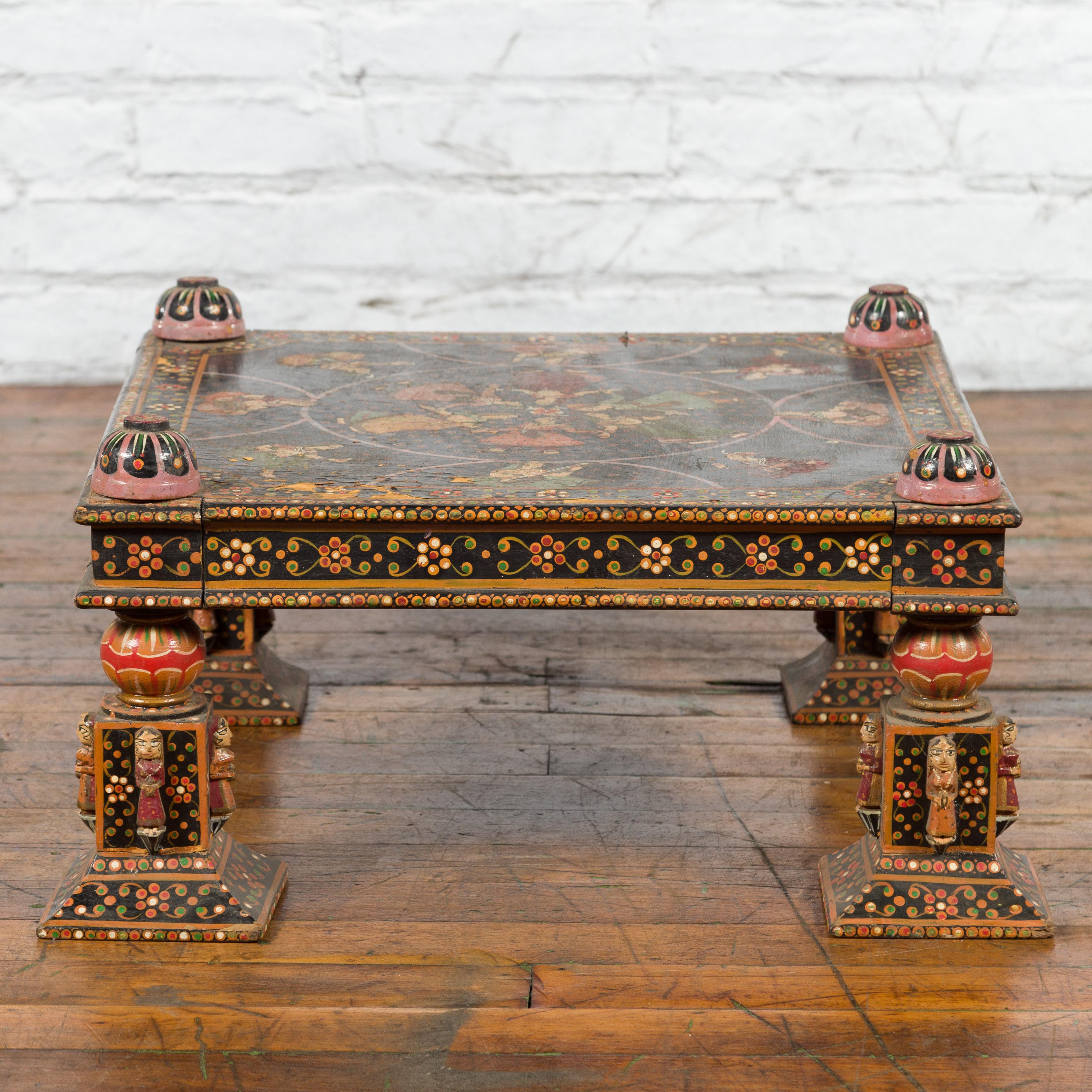 Indian 19th Century Low Coffee Table with Hand-Painted Dancers and Musicians For Sale 1