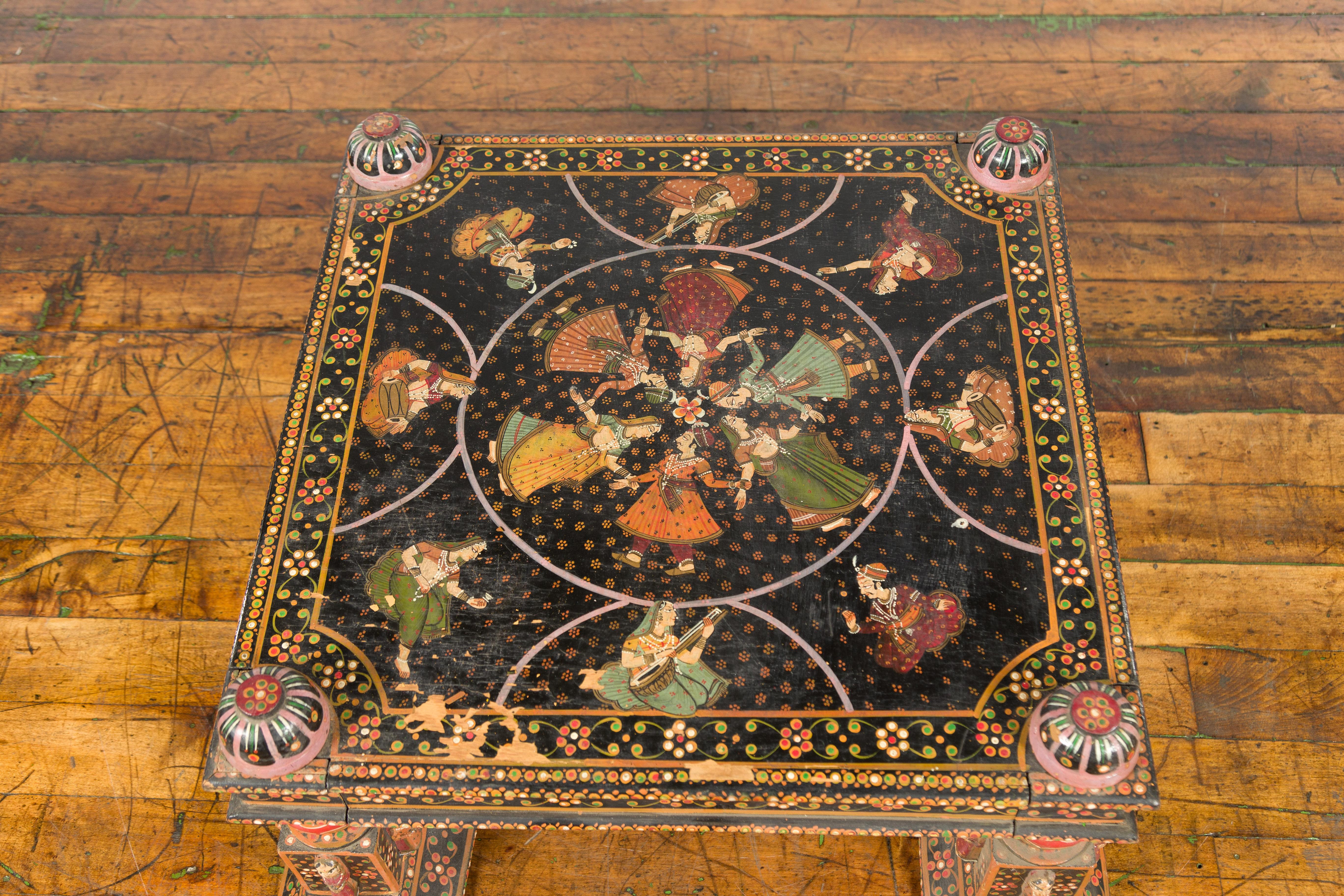 Indian 19th Century Low Coffee Table with Hand-Painted Dancers and Musicians For Sale 2