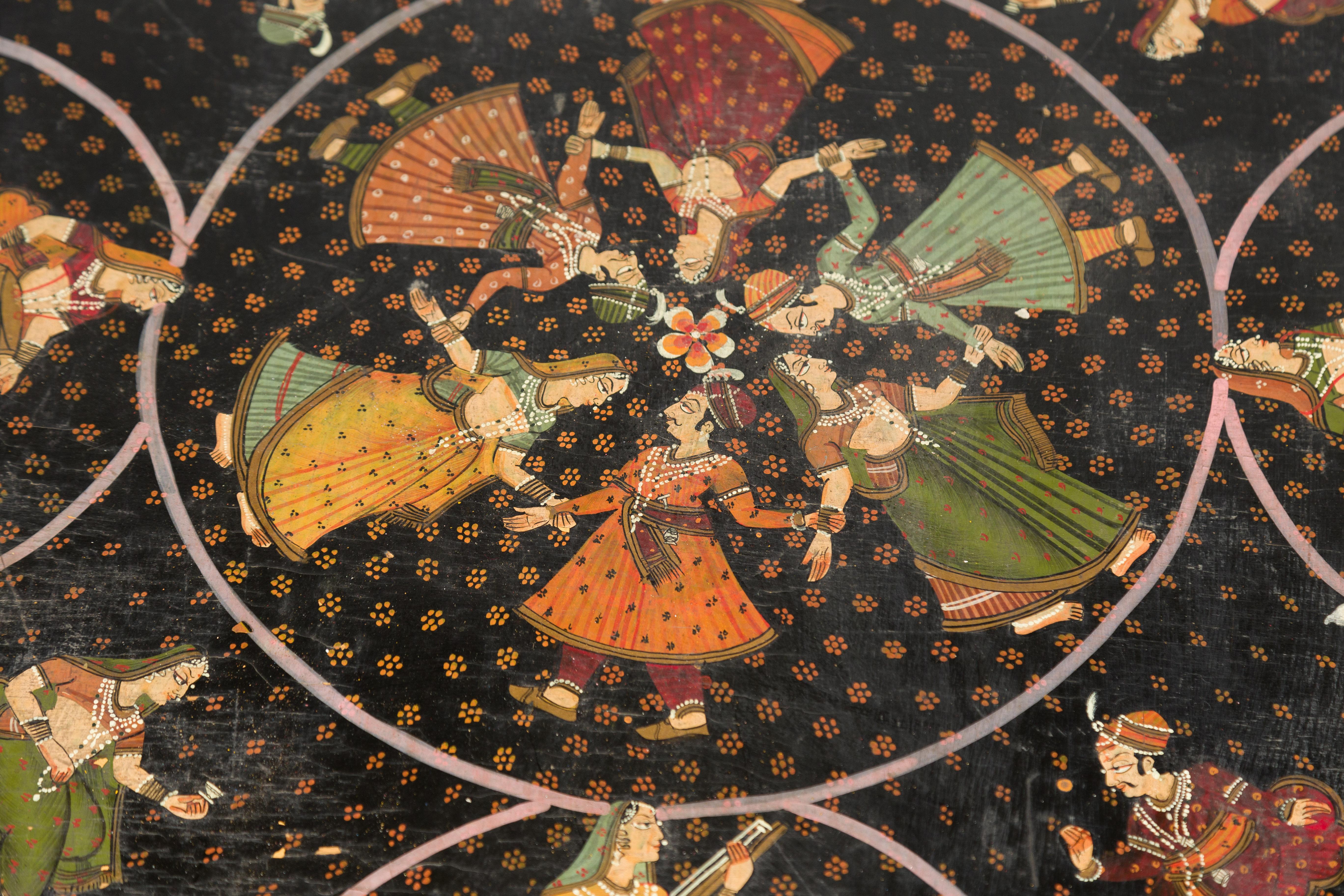 Indian 19th Century Low Coffee Table with Hand-Painted Dancers and Musicians For Sale 3