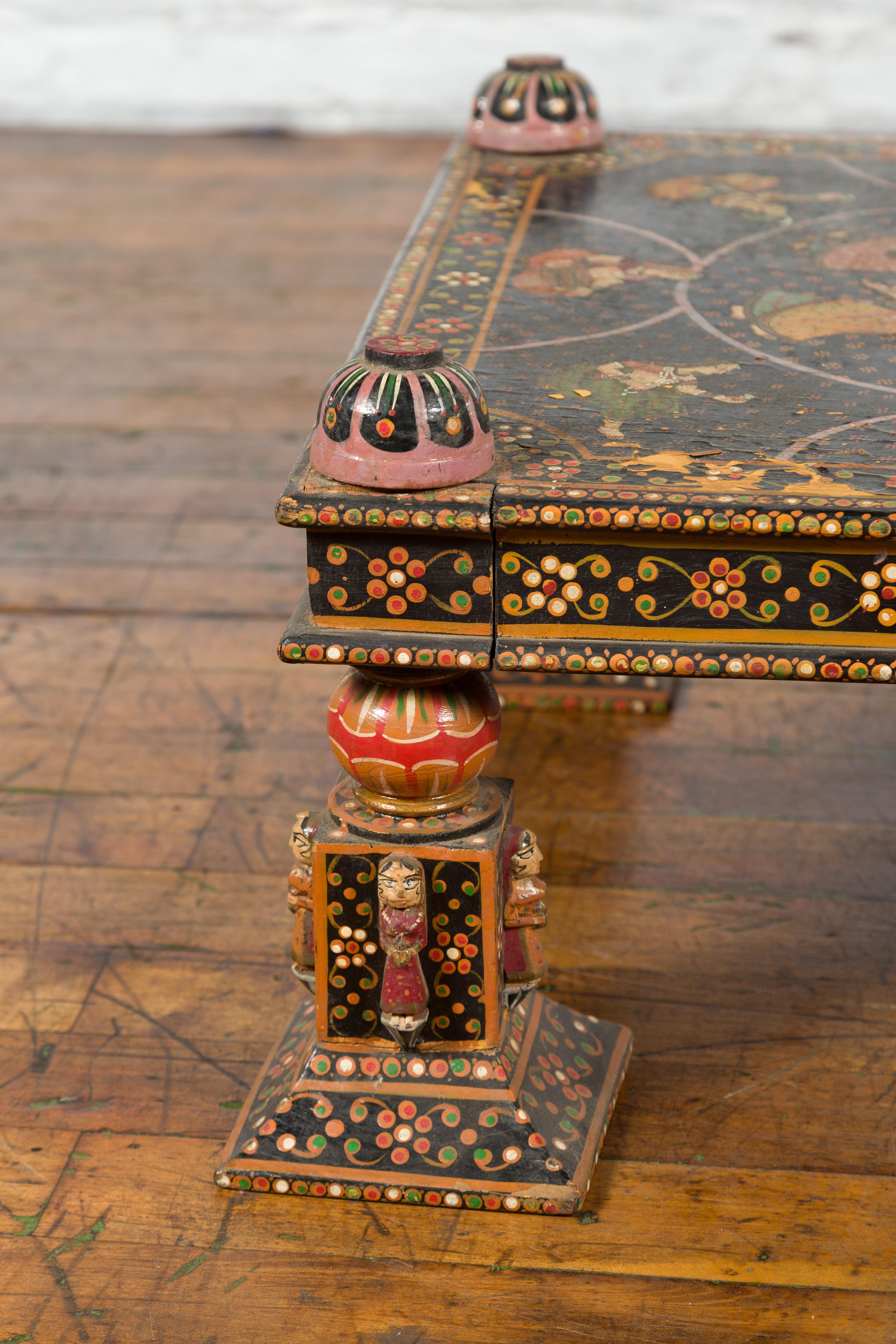 Indian 19th Century Low Coffee Table with Hand-Painted Dancers and Musicians For Sale 5