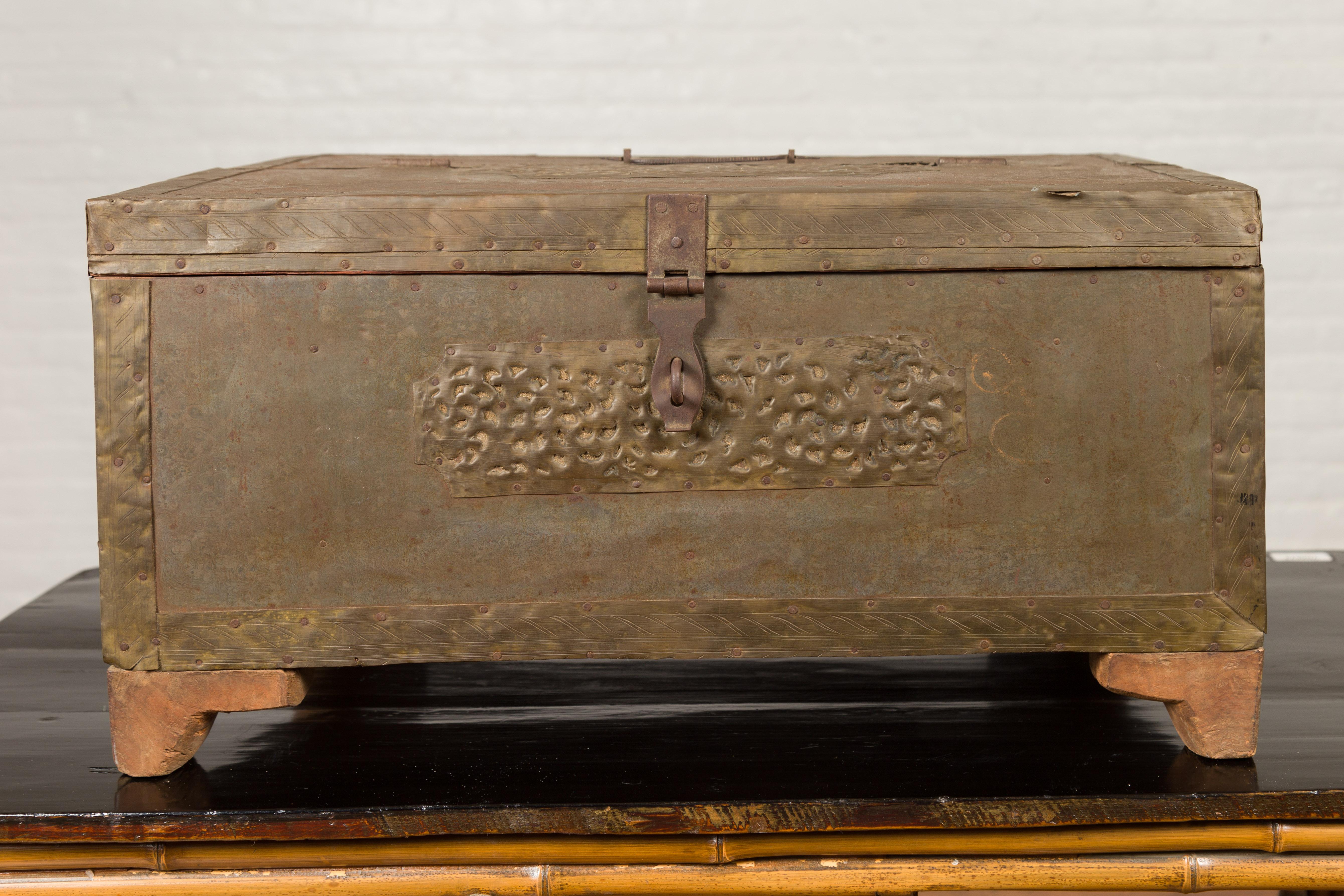 Indian 19th Century Merchant's Chest with Pierced Geometric Decor and Patina In Good Condition For Sale In Yonkers, NY