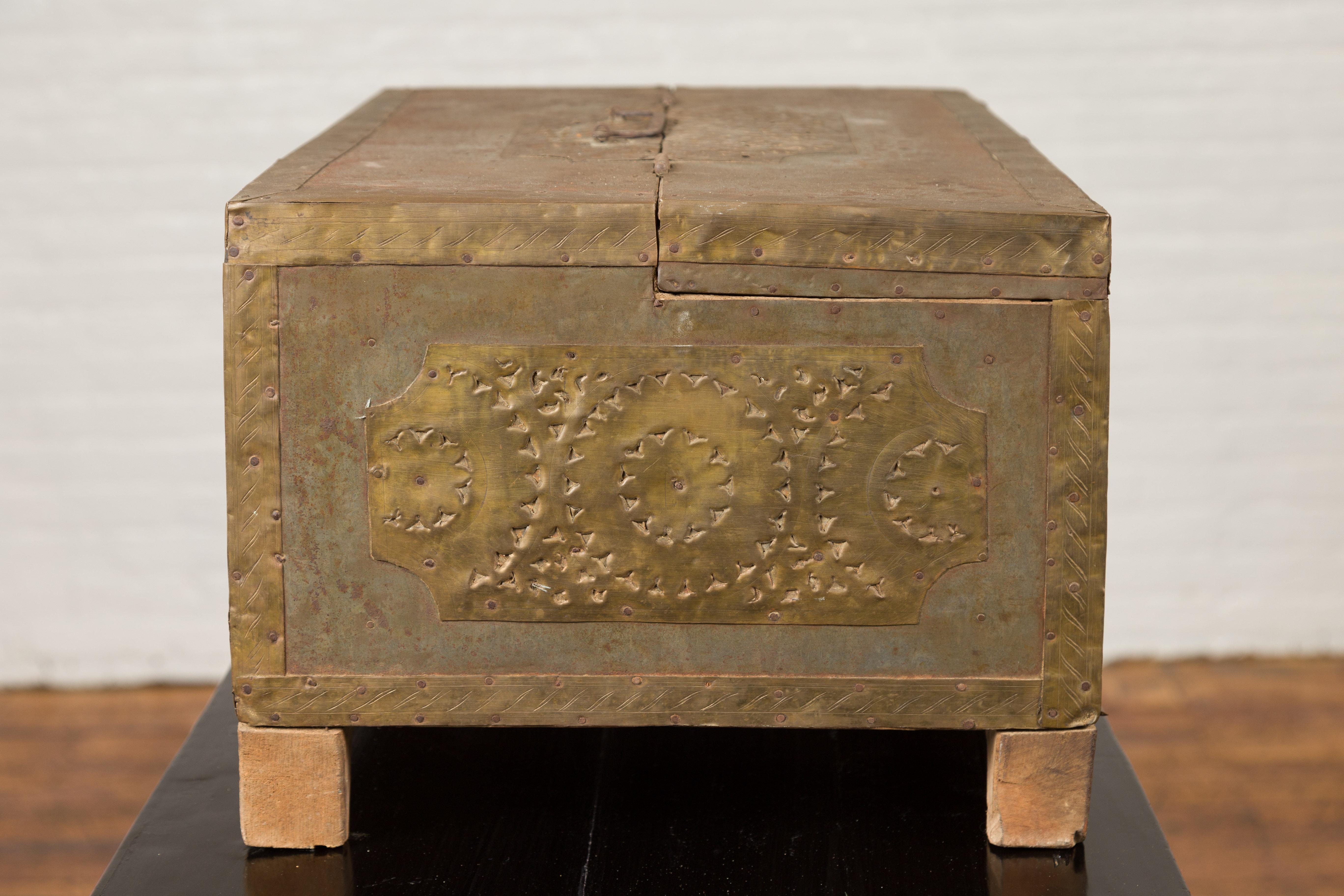 Wood Indian 19th Century Merchant's Chest with Pierced Geometric Decor and Patina For Sale