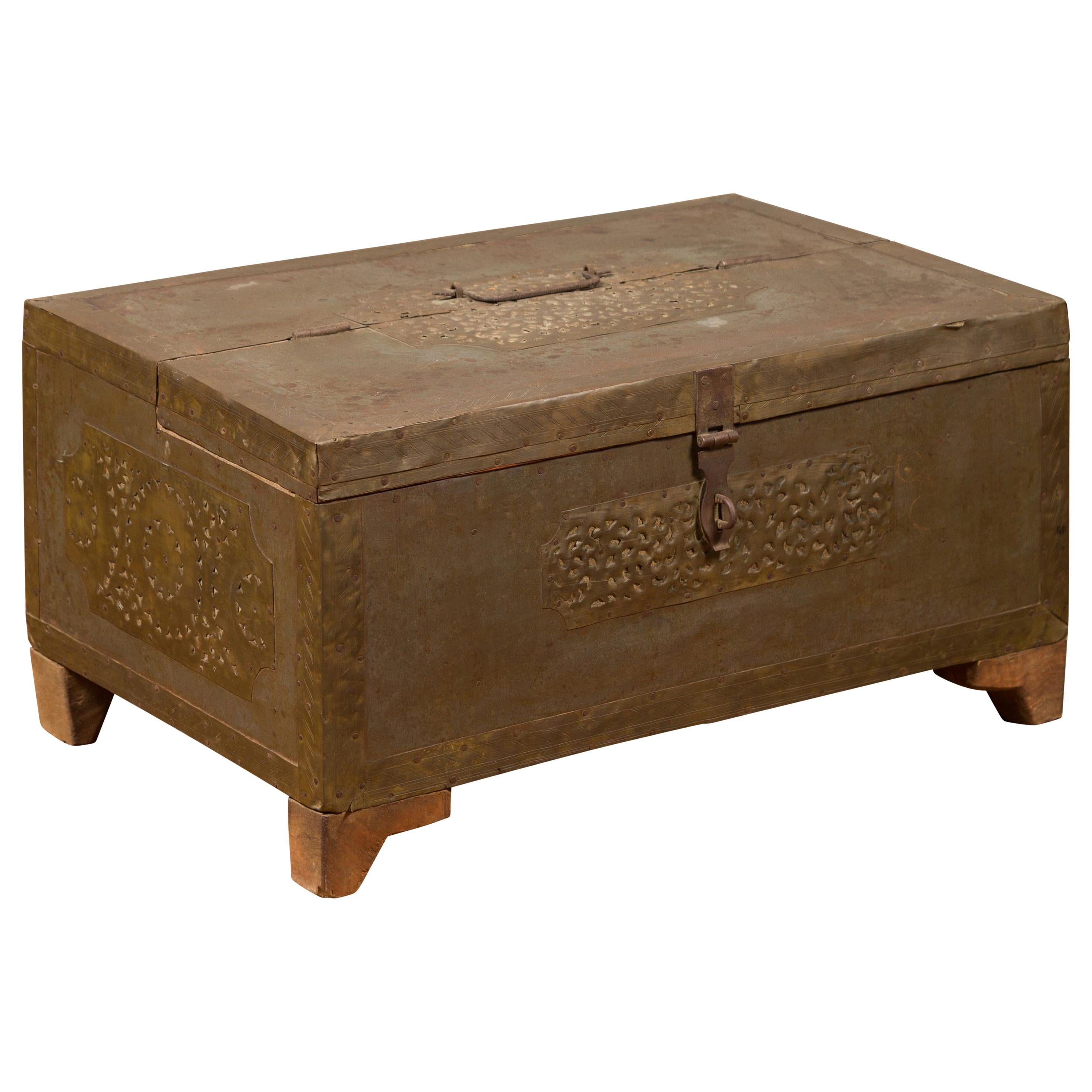 Indian 19th Century Merchant's Chest with Pierced Geometric Decor and Patina For Sale