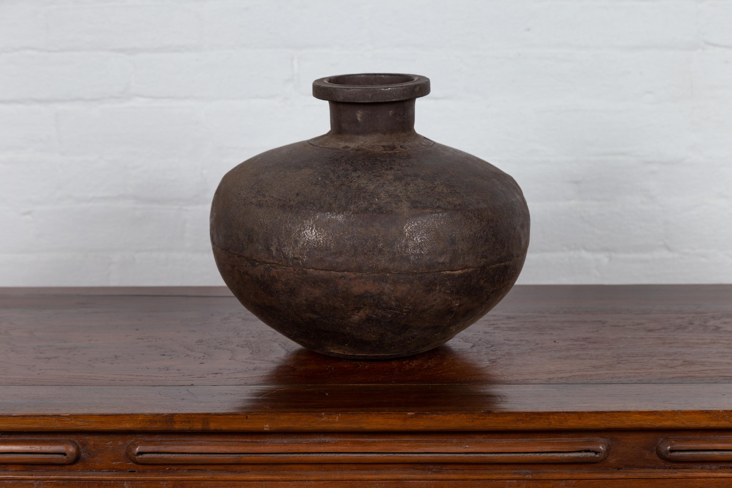 Indian 19th Century Metal Water Jar with Generous Belly and Protruding Lip In Good Condition For Sale In Yonkers, NY